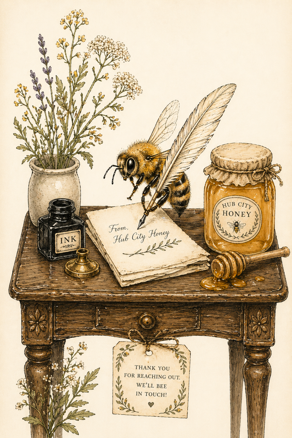 Illustration of a bee with a quill and paper on a simple small wood desk writing a letter from the hub city honey business with a jar of honey on the desk, a cut of cut seasonal simple flowers and an open ink bottle, with a thank you note hanging.