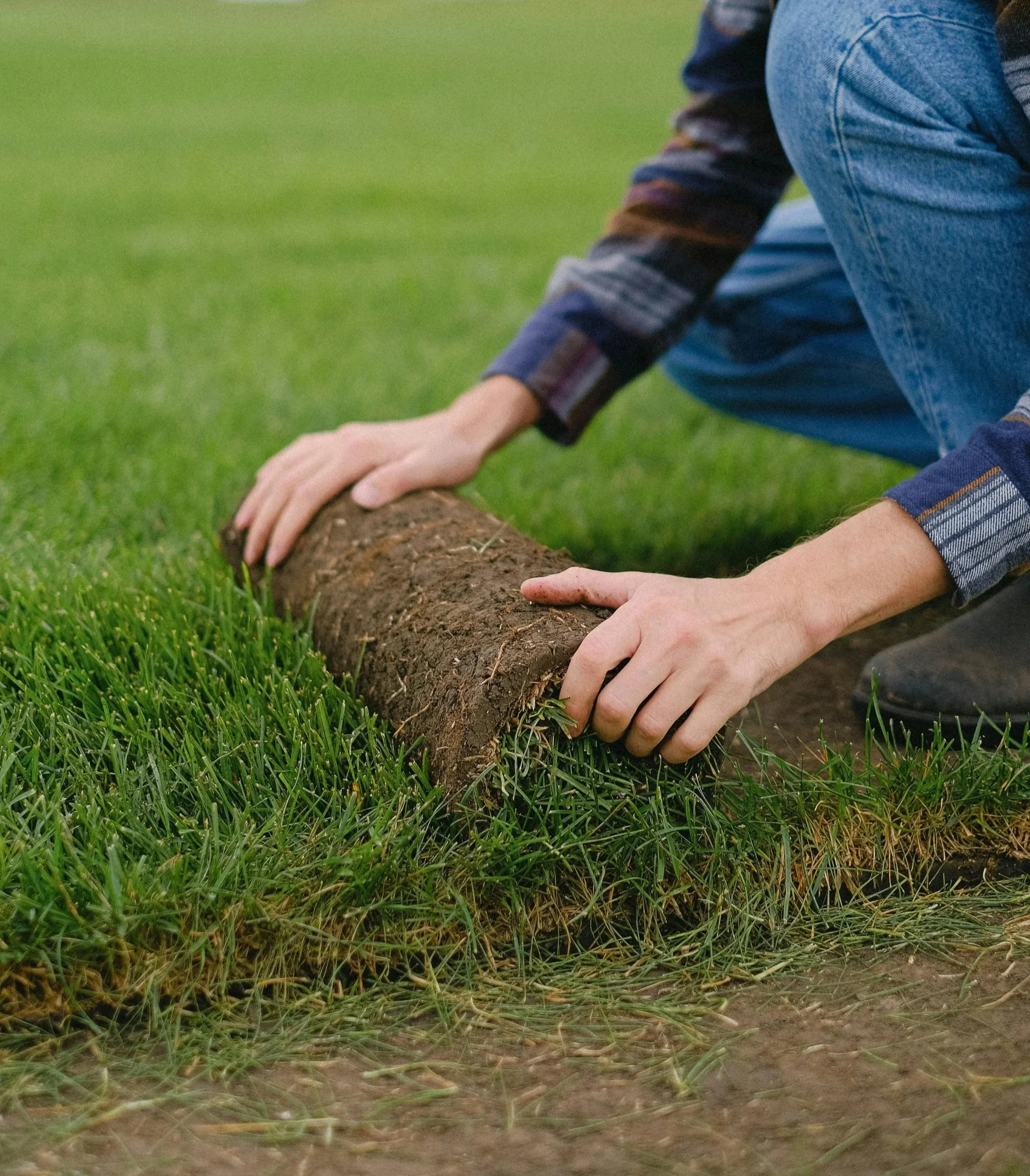 Close-up of hands planting a small tree in fresh soil during a residential landscaping and sod project in Harrisburg NC.