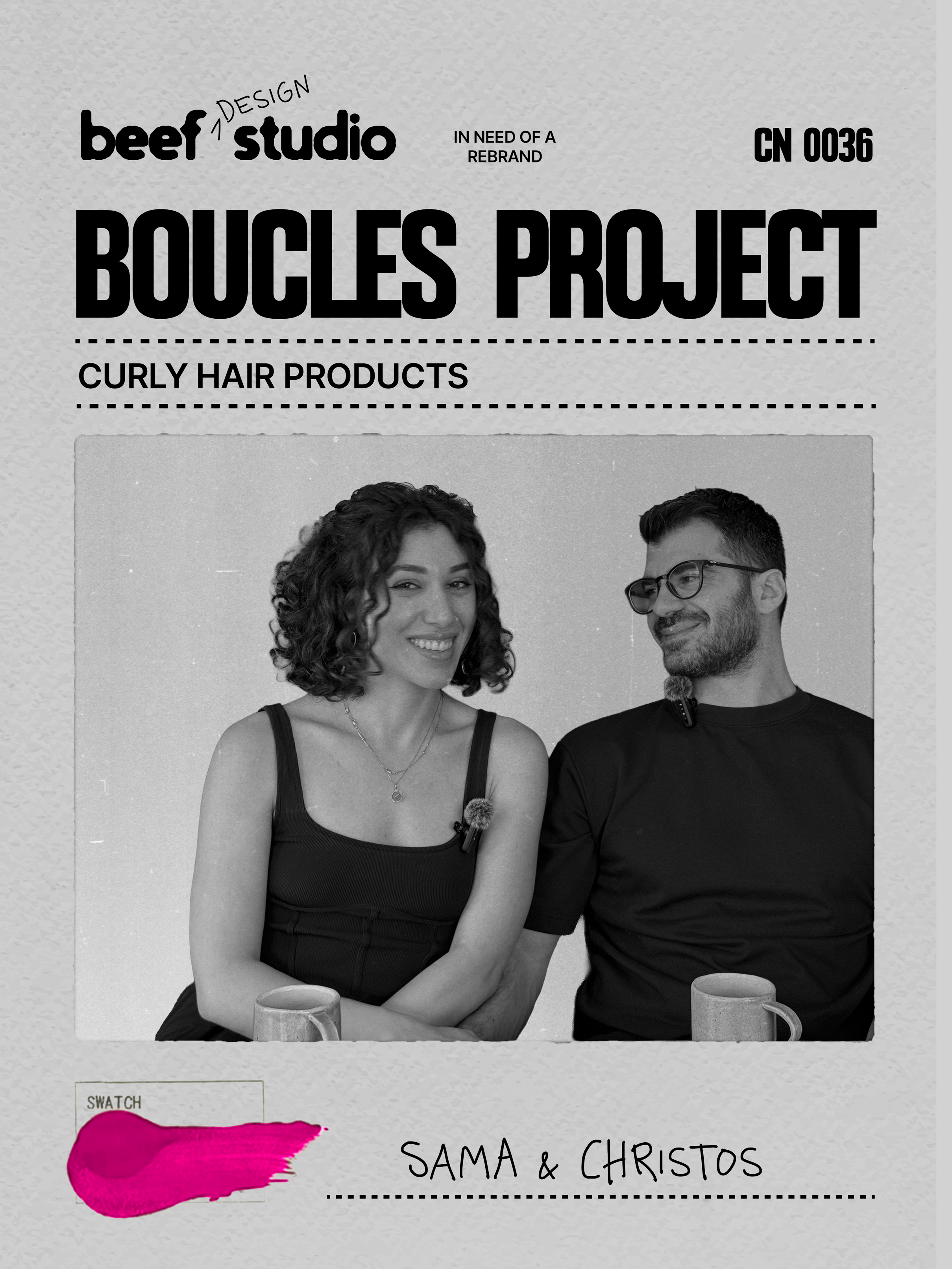 Black and white photo of a smiling woman with curly hair and a man with glasses. Text at the top says 'beef design studio' and 'BOUcLES PROJECT'. this is a client testimonial for branding project. brand design