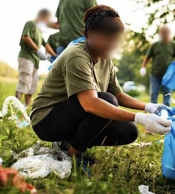 A woman wearing gloves is picking up trash outdoors, surrounded by other volunteers.