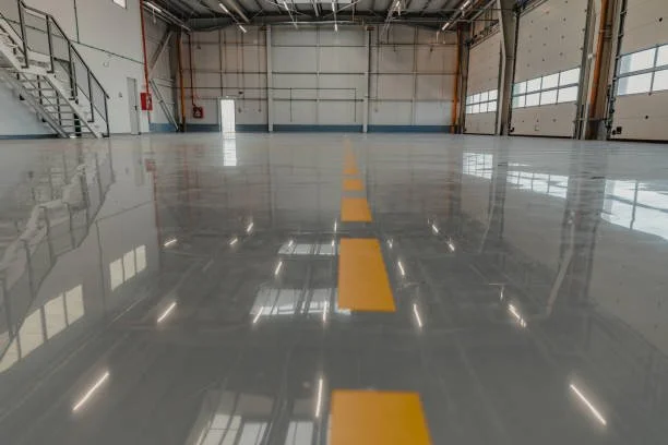 Empty warehouse with a polished concrete floor reflecting overhead lights, yellow centerline, and large garage doors.