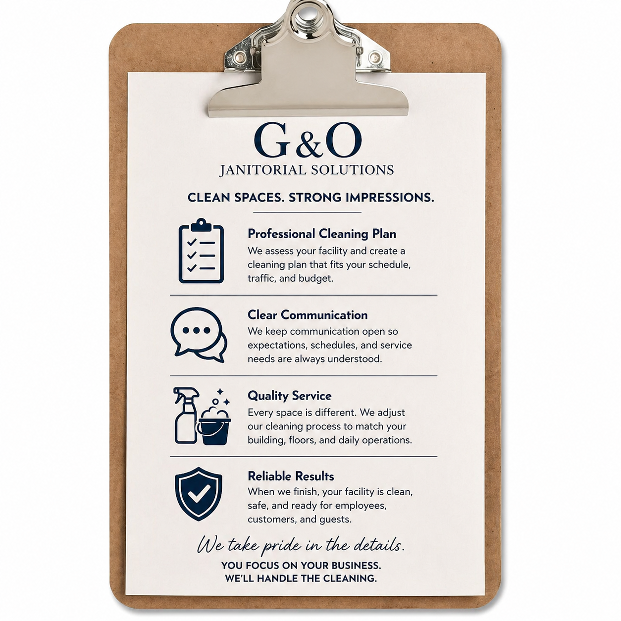 A printed information sheet on a clipboard for G&O Janitorial Solutions. It details their cleaning services including a professional cleaning plan, clear communication, quality service, reliable results, and their commitment to excellence.