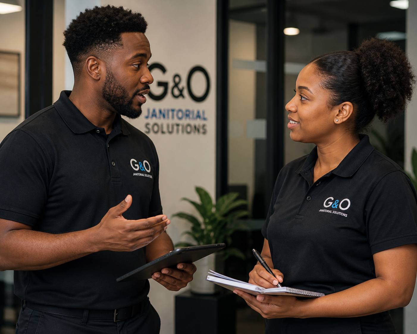 Two employees wearing black polo shirts with the logo 'G&O Janitorial Solutions' talking in an office, one holding a tablet and the other a notepad.