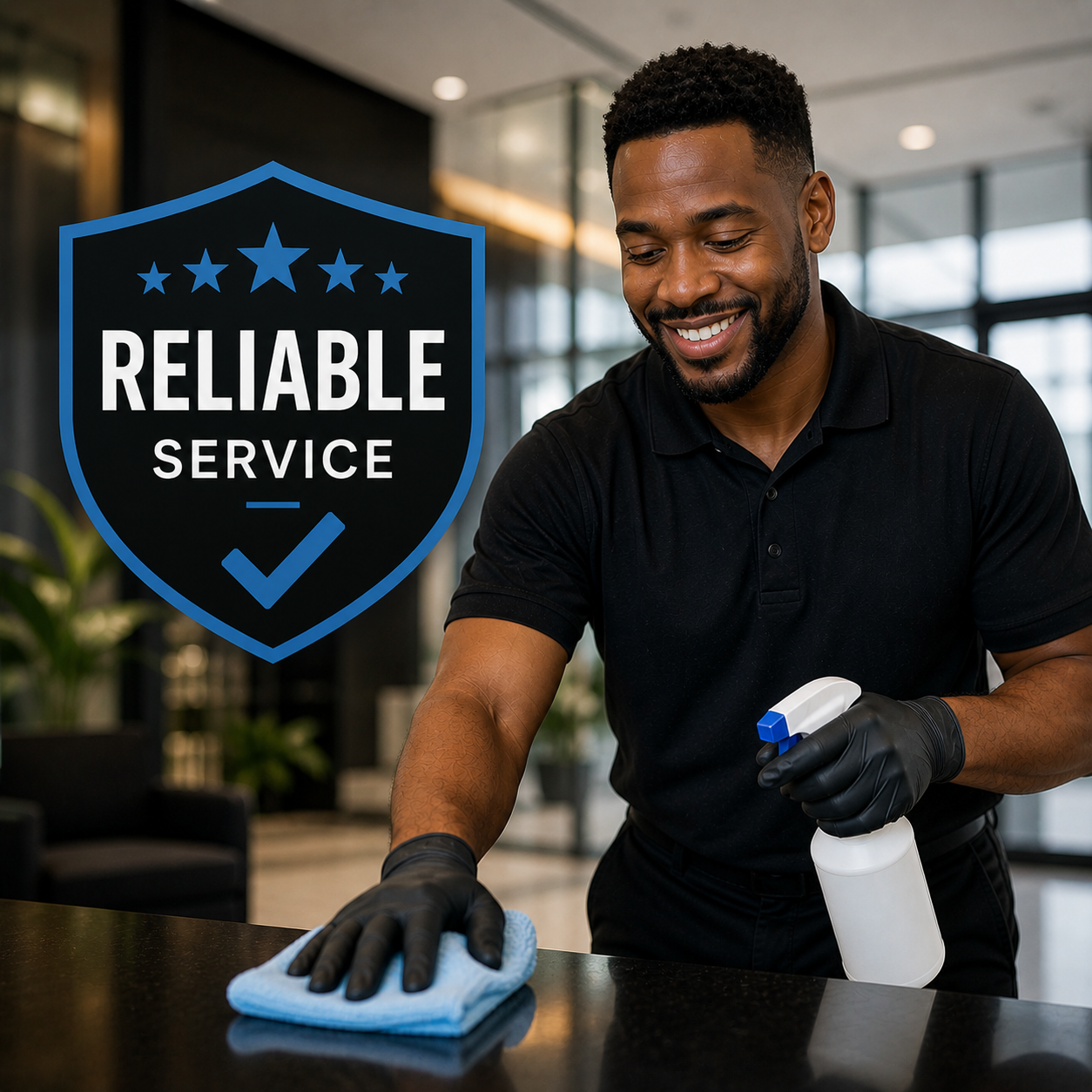 A man cleaning a countertop with a spray bottle and a cloth, smiling, with a badge overlay that says "Reliable Service".