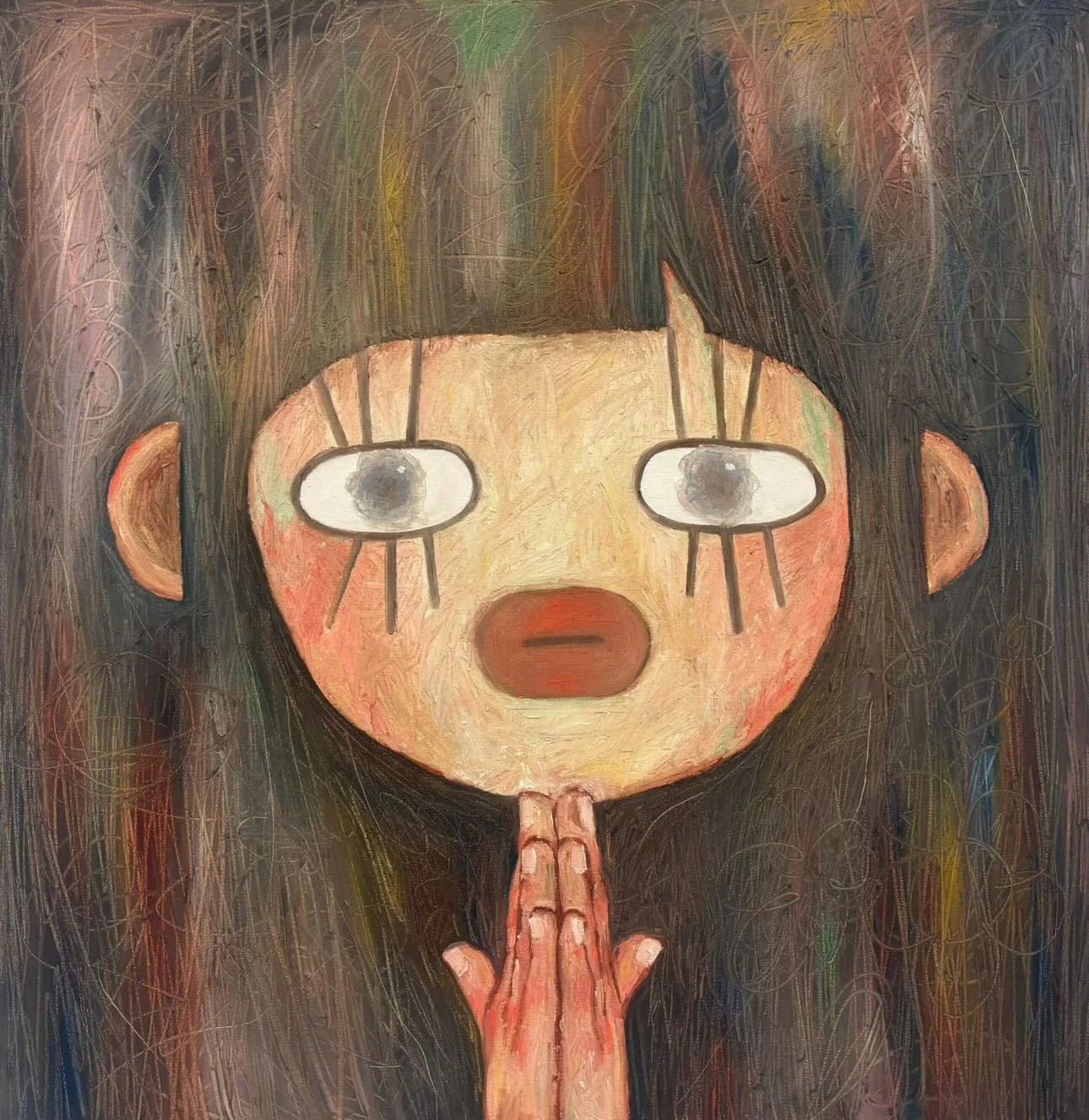can i go to the restroom please is the first english sentence i have ever learned, 27"x27", oil on canvas. 2025