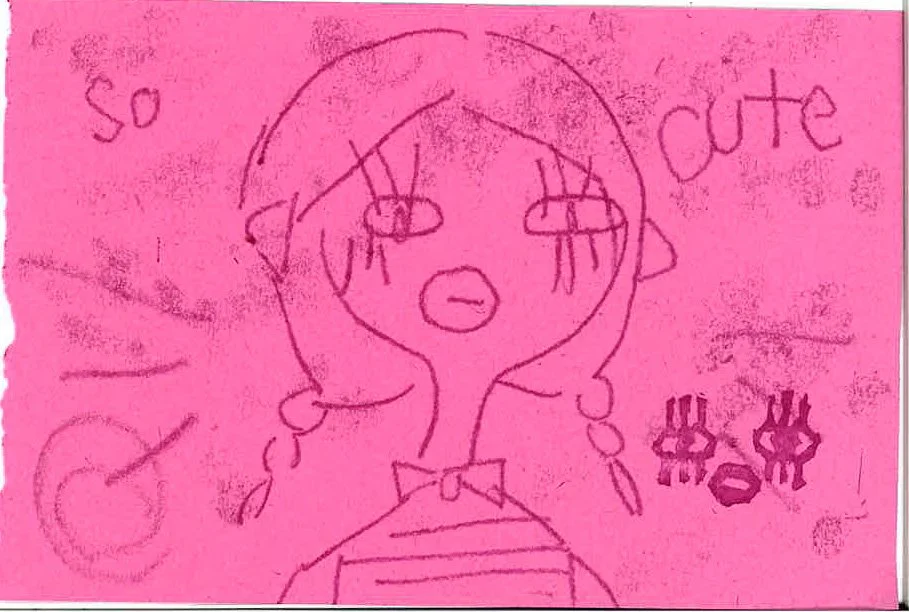 cute girl, 6"x3", monoprint on paper. 2025 (currently glued to a zine)
