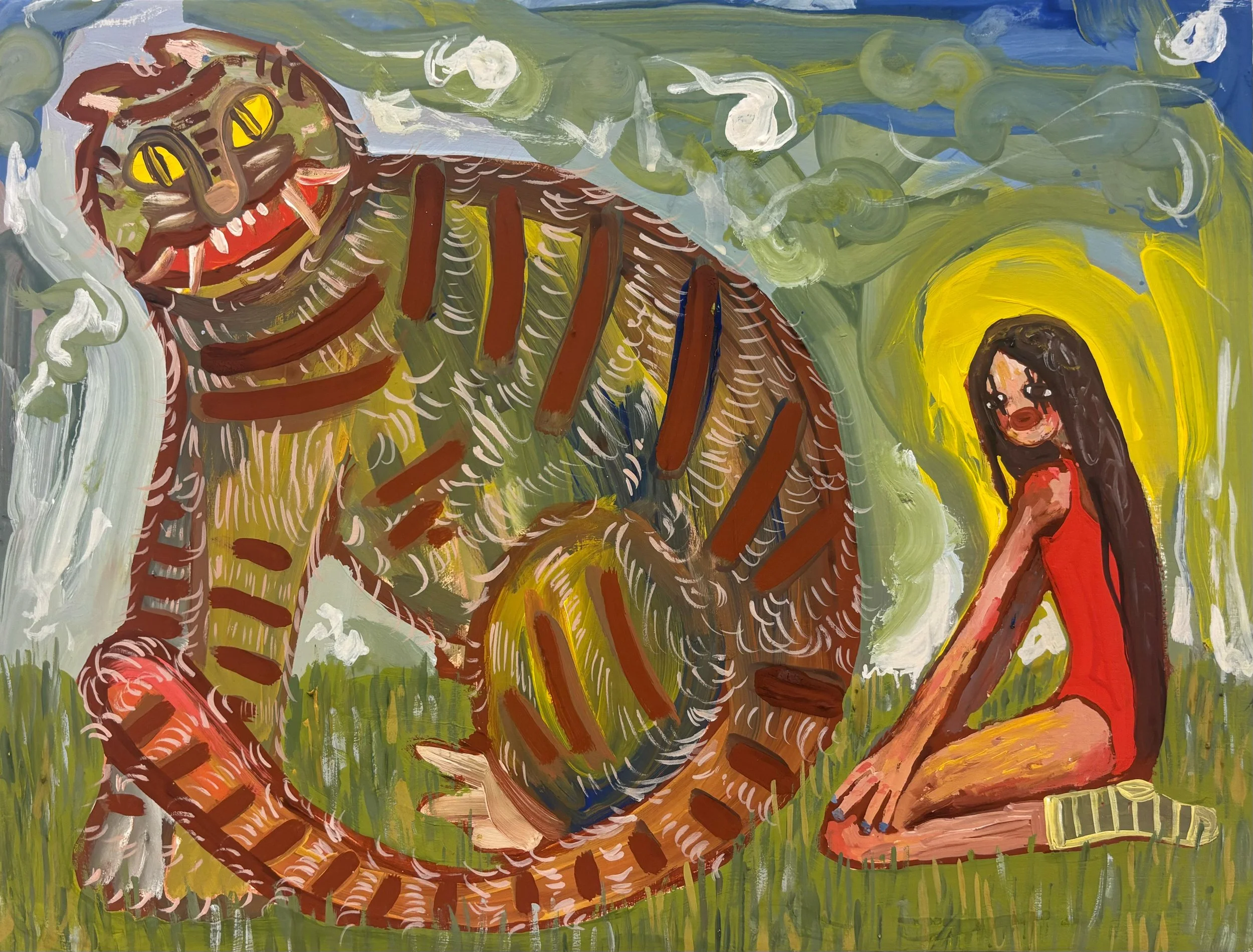 tiger, 11"x8", distemper on masonite, 2025