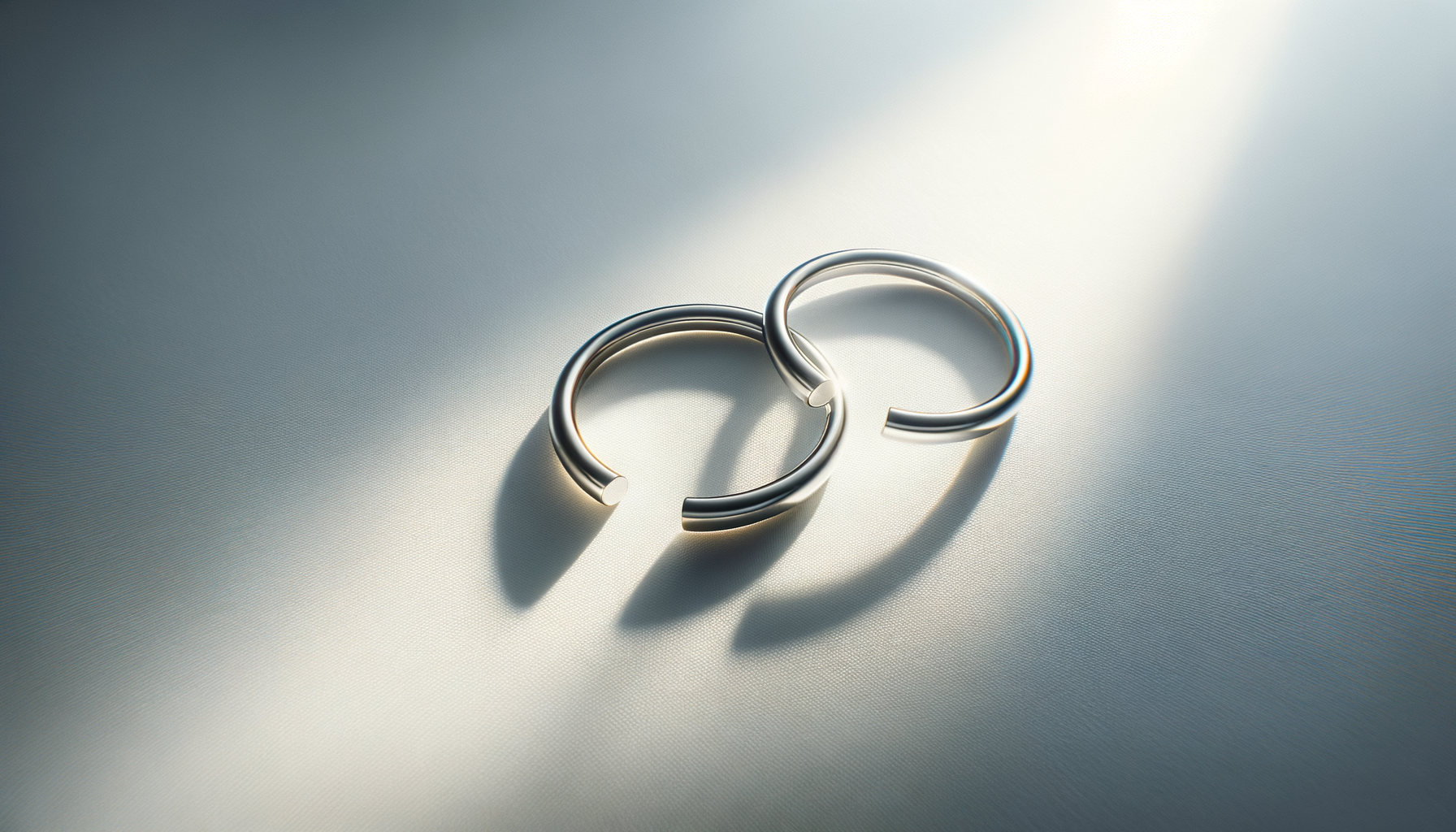 Two interlocking silver rings with open ends, casting shadows on a light-colored textured surface, illuminated by soft light.
