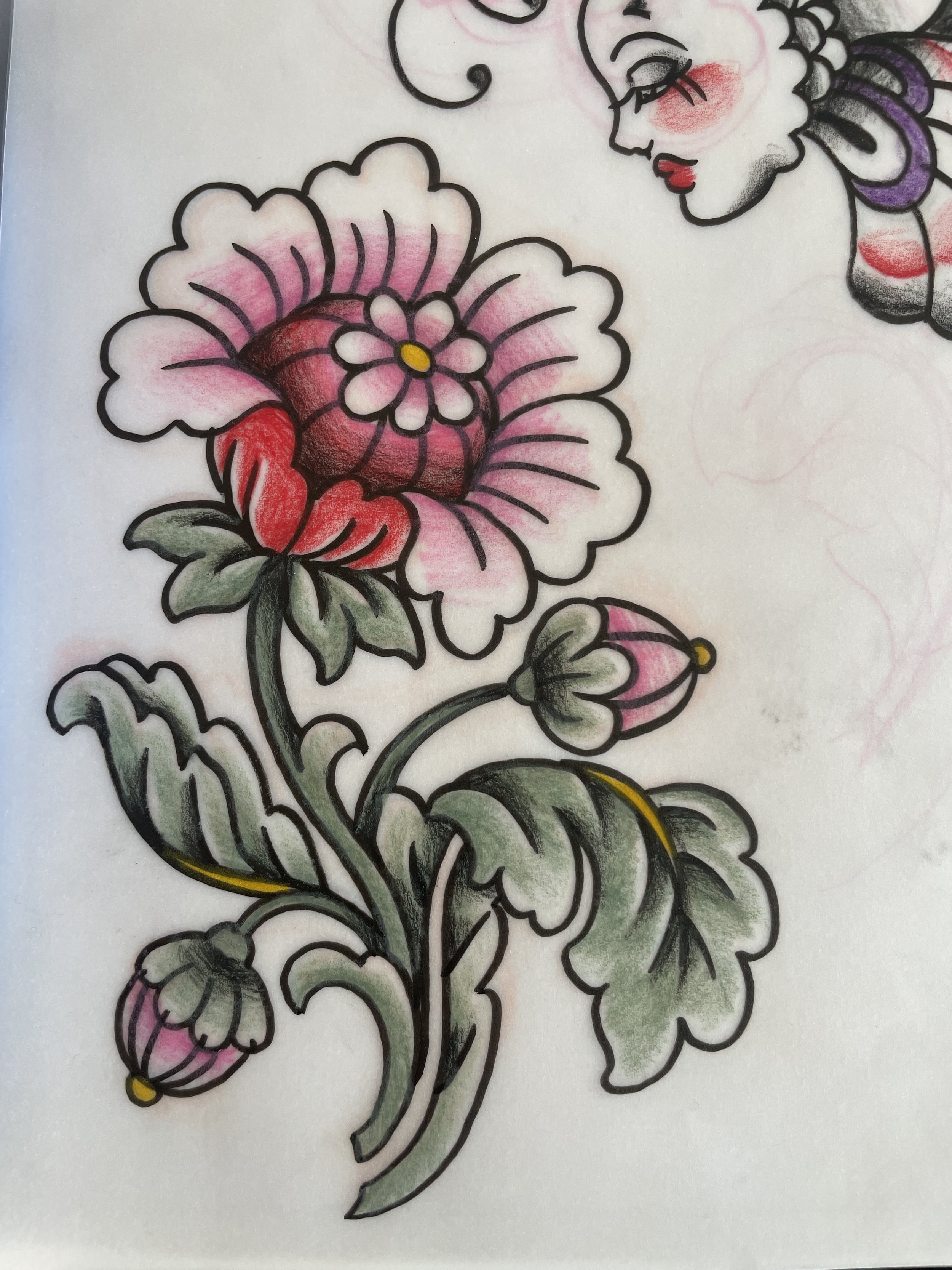 Hand-colored drawing of a floral design with pink, red, green, and black lines, featuring a large flower with a smaller flower inside and smaller buds.