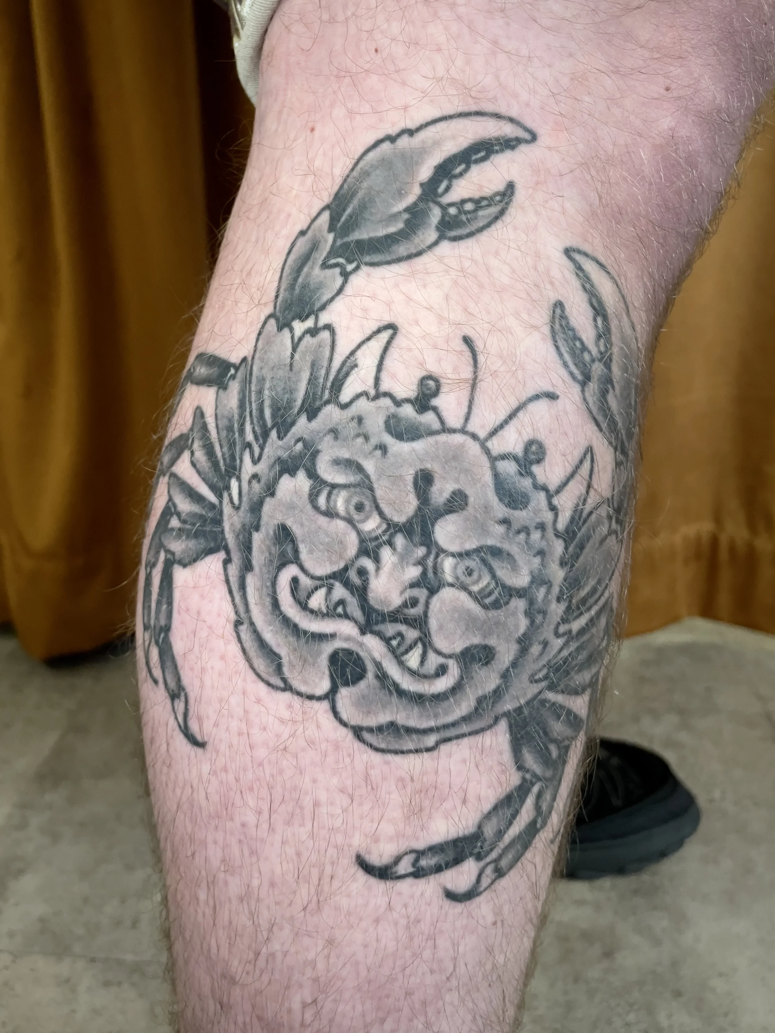 A healed and hairy tattoo of a Heikegeni (samurai crab) on a person's leg.