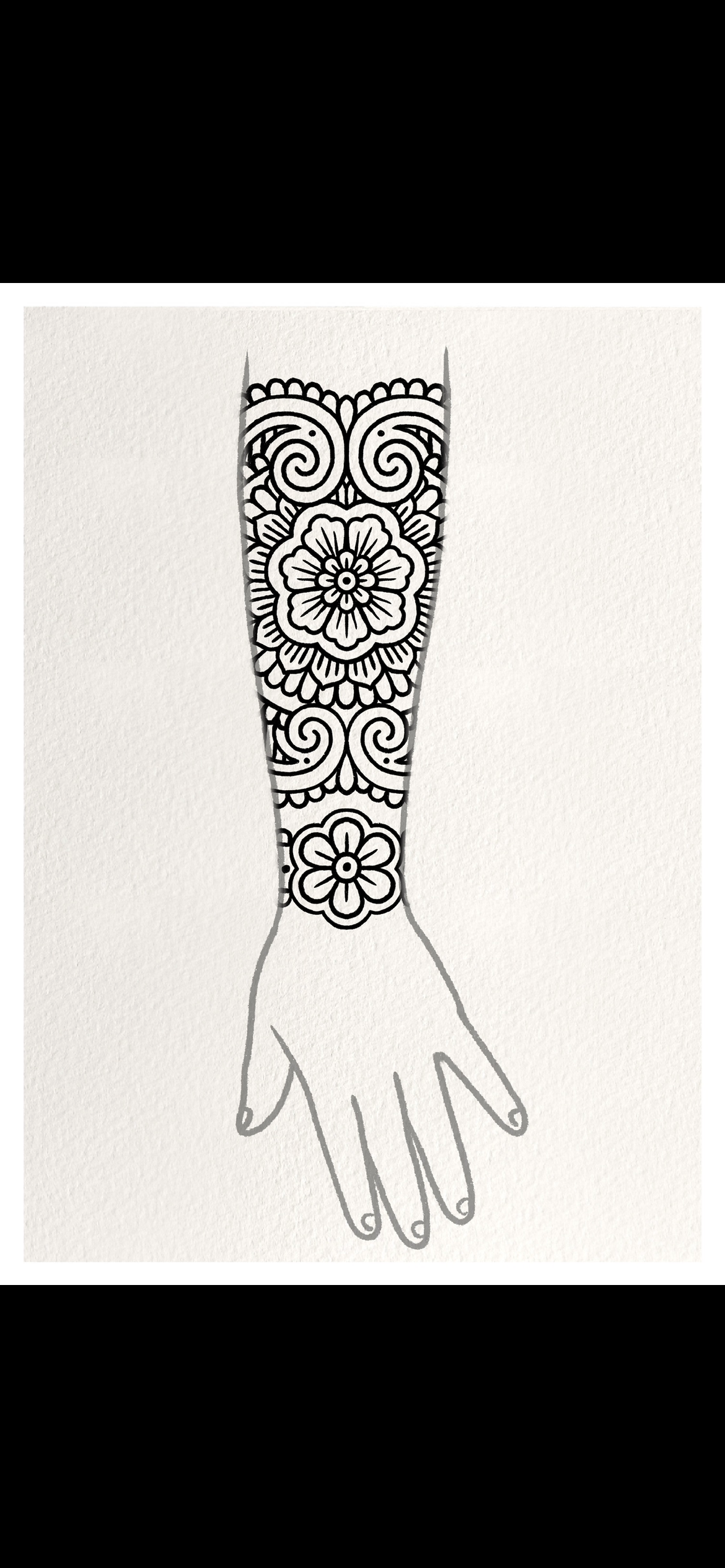 Line drawing of a hand with intricate floral and swirl patterns tattooed on the forearm.