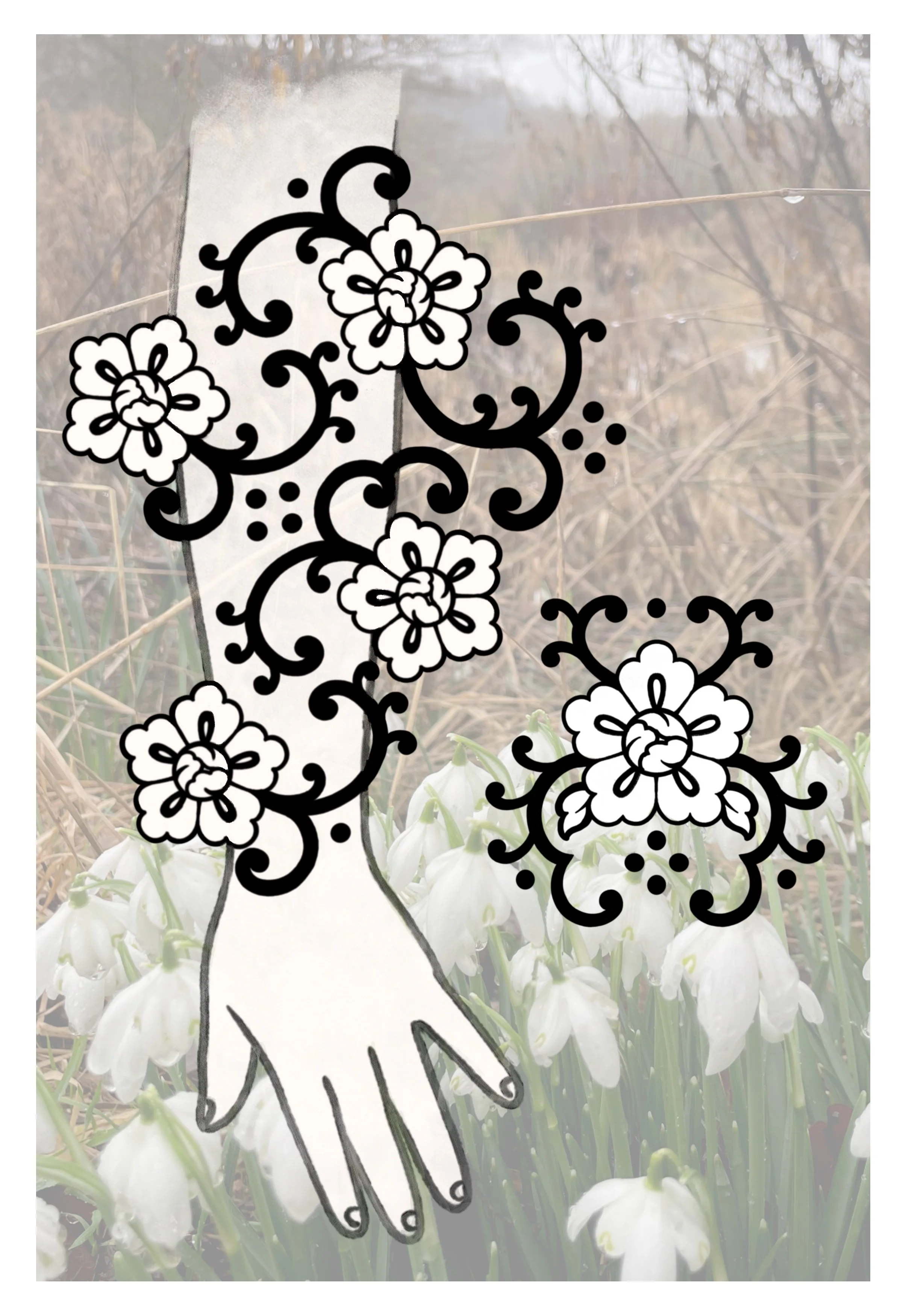 A black outline drawing of a hand with flower and swirl designs over a background of white flowers and dry grass, with a gray paper and a water drop on a thin branch.