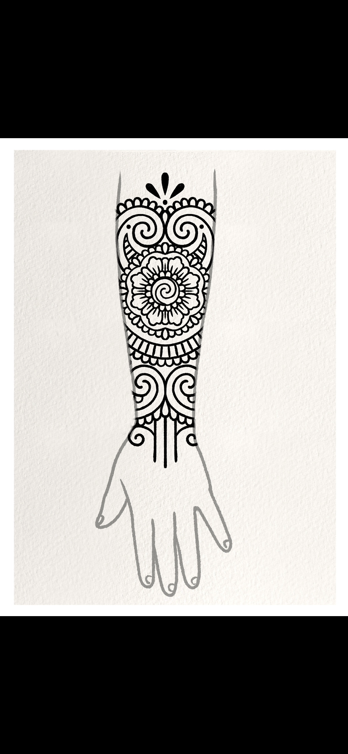 Line drawing of a hand with an intricate, decorative tattoo covering the entire forearm and back of the hand.