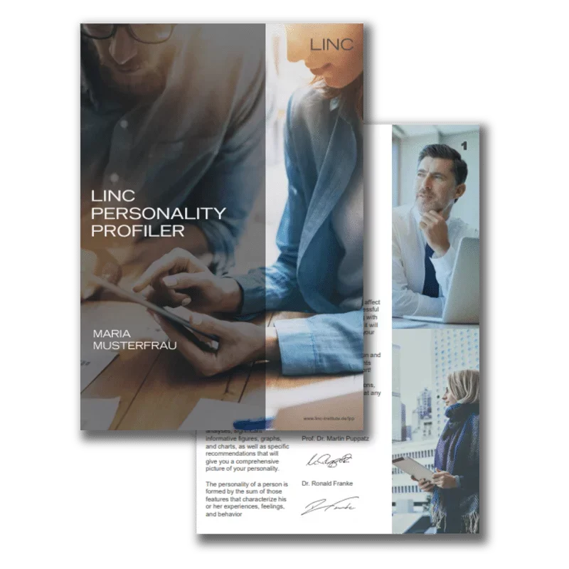 Brochure displaying personality profiling services with images of professionals in business settings.