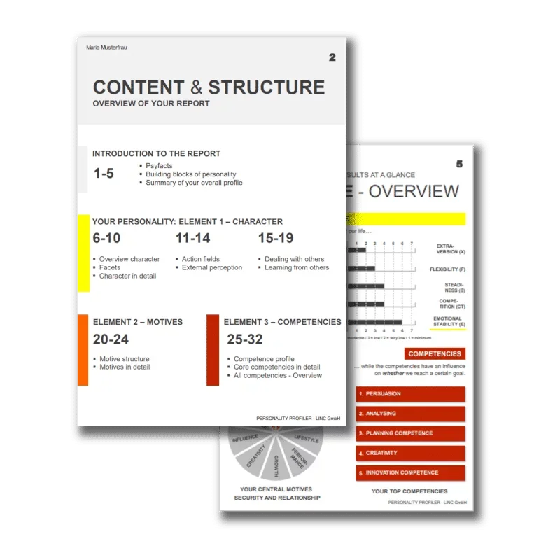 Two pages of a report or presentation on personality profiling and report structure, with sections on introduction, personality elements, motives, and competencies, featuring highlighted text and colored bars indicating categories.