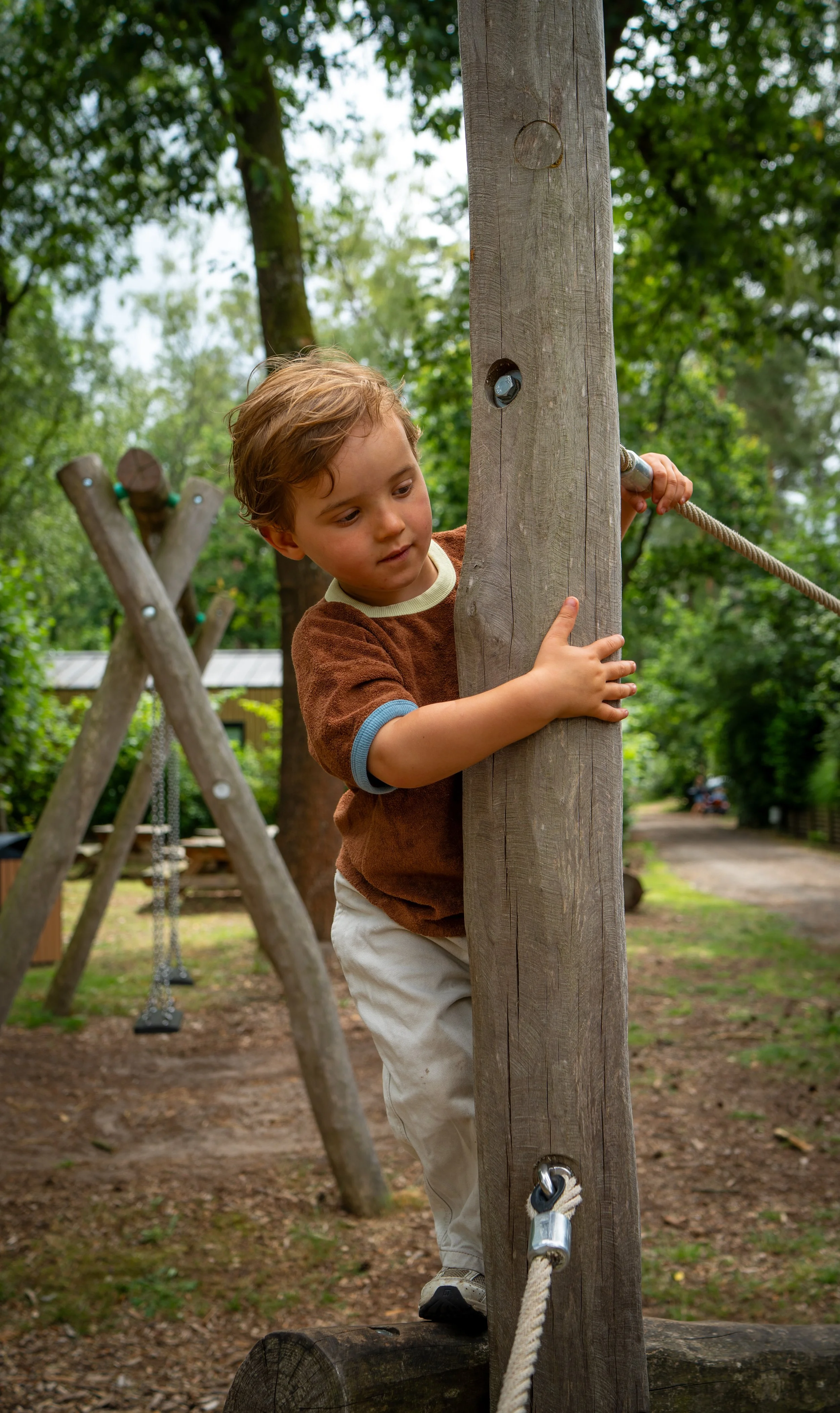 Een jongen die op een bos speelterrein op een evenwichtsbalk balanceert, omringd door groen en houten speeltoestellen.