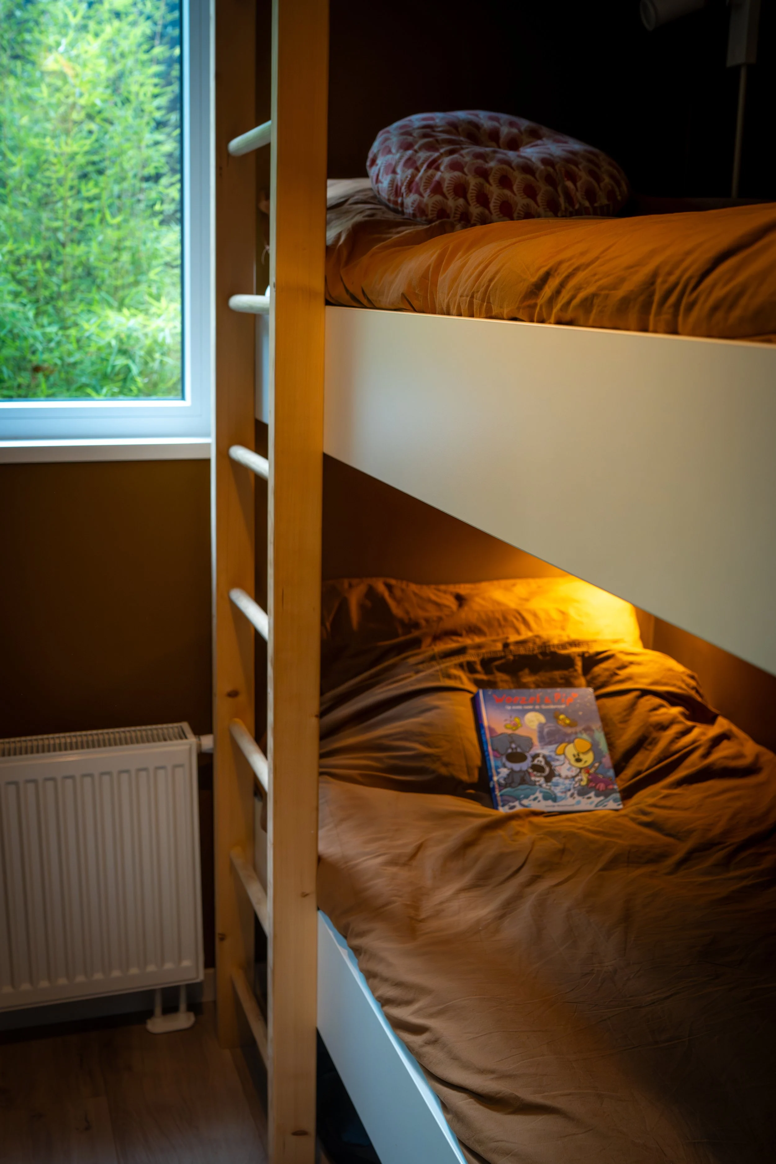 Bovenste bed in een houten slaapruimte met een roze kussen met patroon en een boek met cartoon honden op de deken.