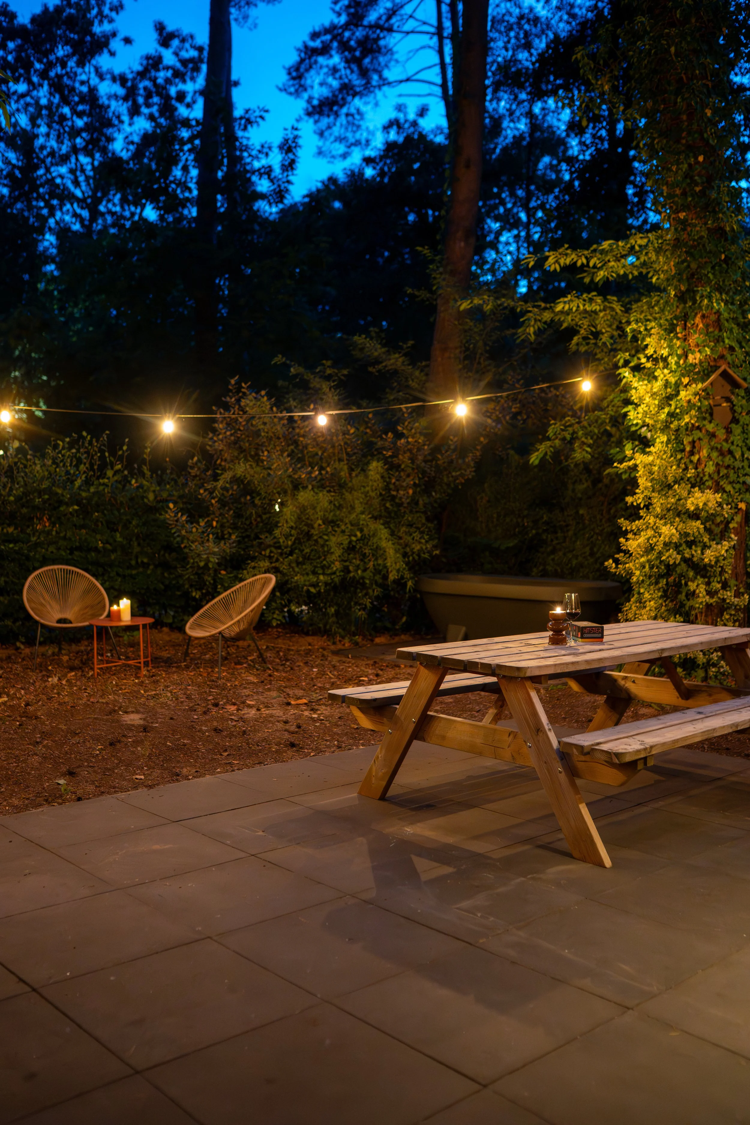 Een tuin met een picknicktafel, twee sfeerlichten, en een borrelglas, omgeven door bomen met sfeerverlichting en een blauwe avondlucht.