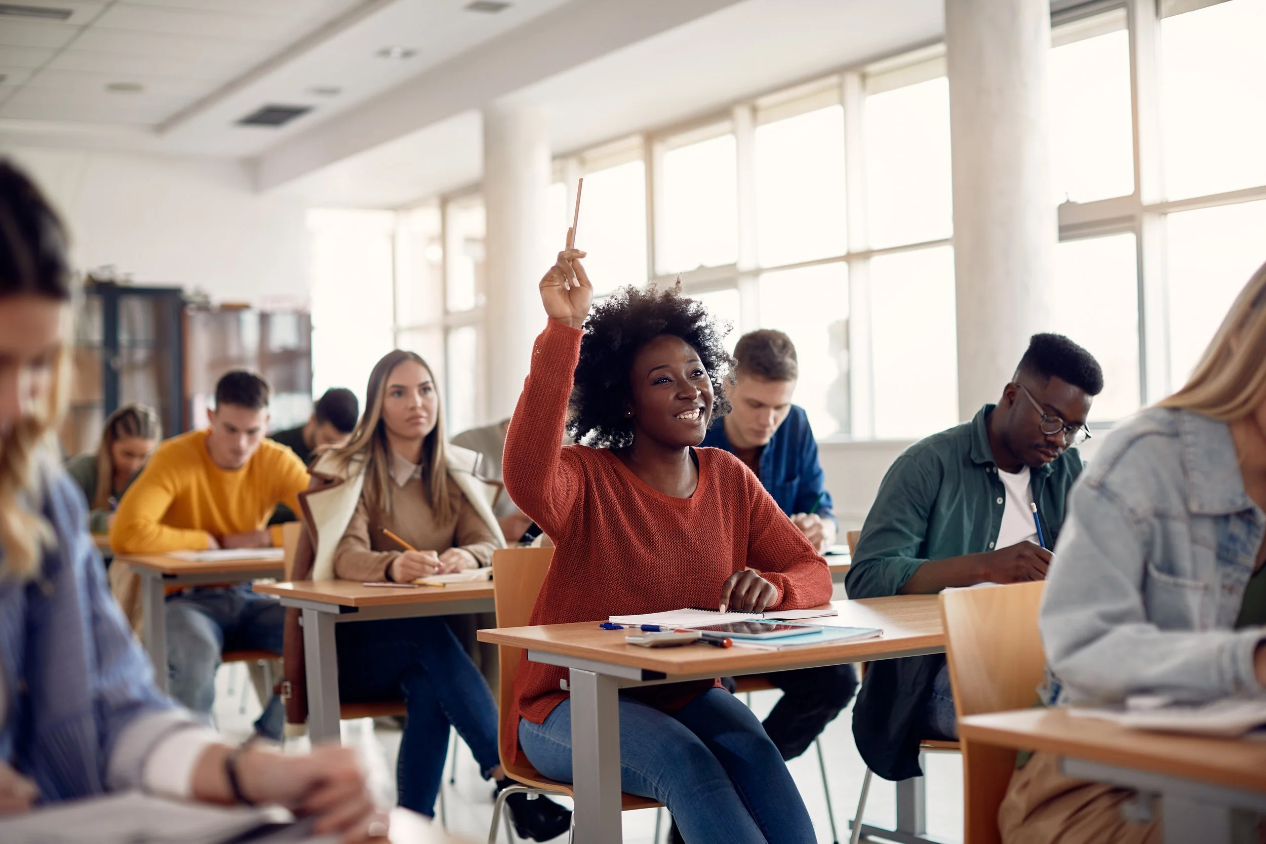 a young African American female student raises her hand in a class