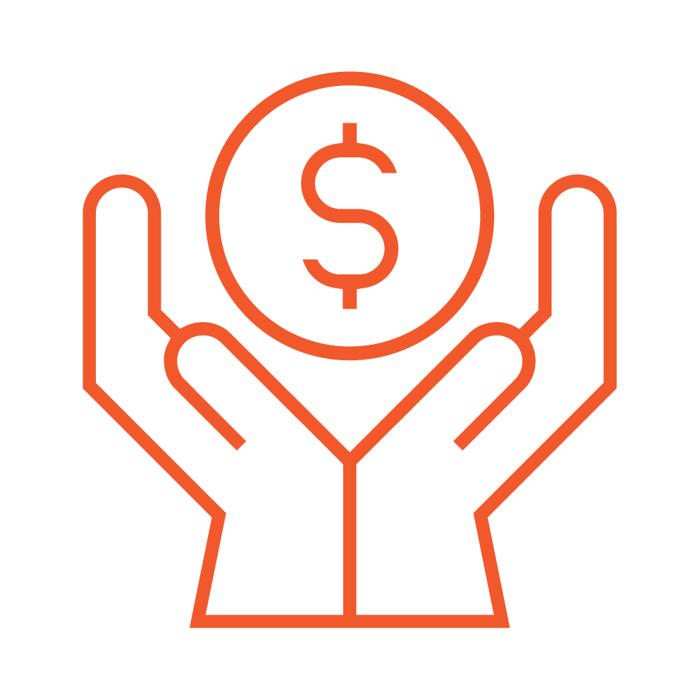 Outline of a pair of hands holding a coin with a dollar sign.