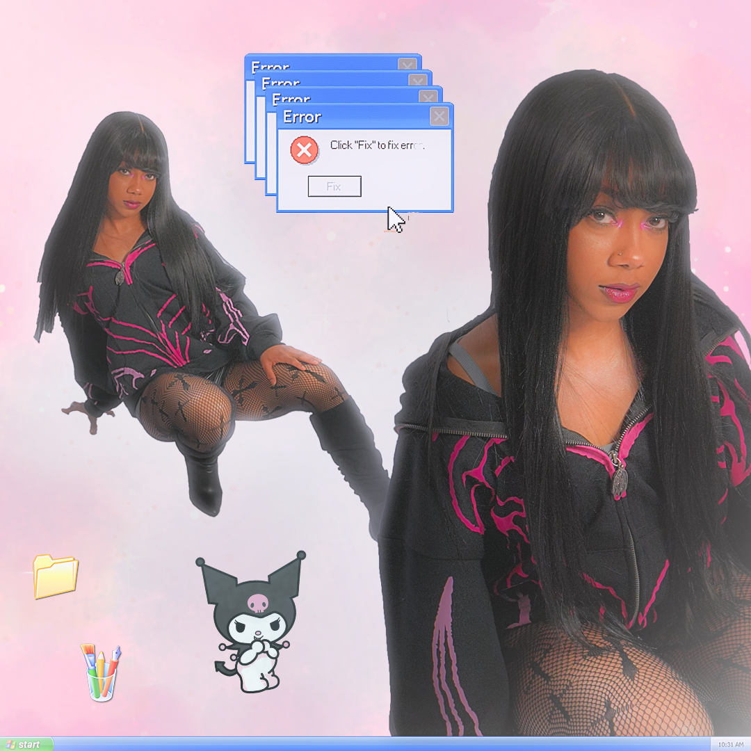 A digital collage featuring a woman with long black hair, dressed in black and pink clothing, sitting on a computer desktop background with error message windows floating above her. The desktop also has a folder icon, a cone with colored pencils, a cute mascot character with a skull head, and a green Start button in the bottom left corner.