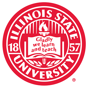 The logo of Illinois State University, featuring a red circular seal with the university's name, founding year 1857, and a central open book with a flame and the words "Gladly we learn and teach."