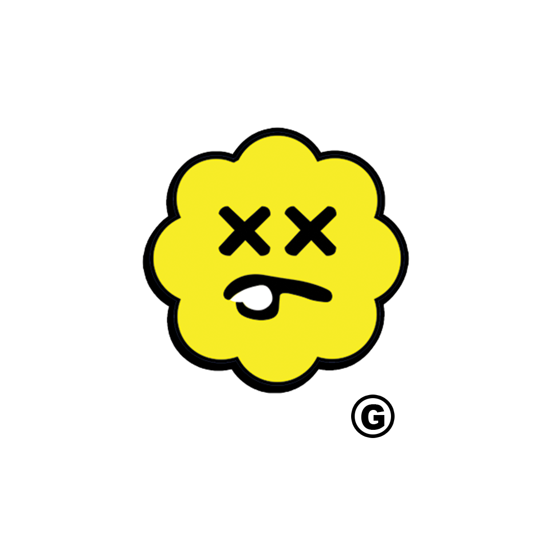 Yellow cartoon flower with a face, crossed-out eyes, tongue sticking out, and a smirk, set against a black background.