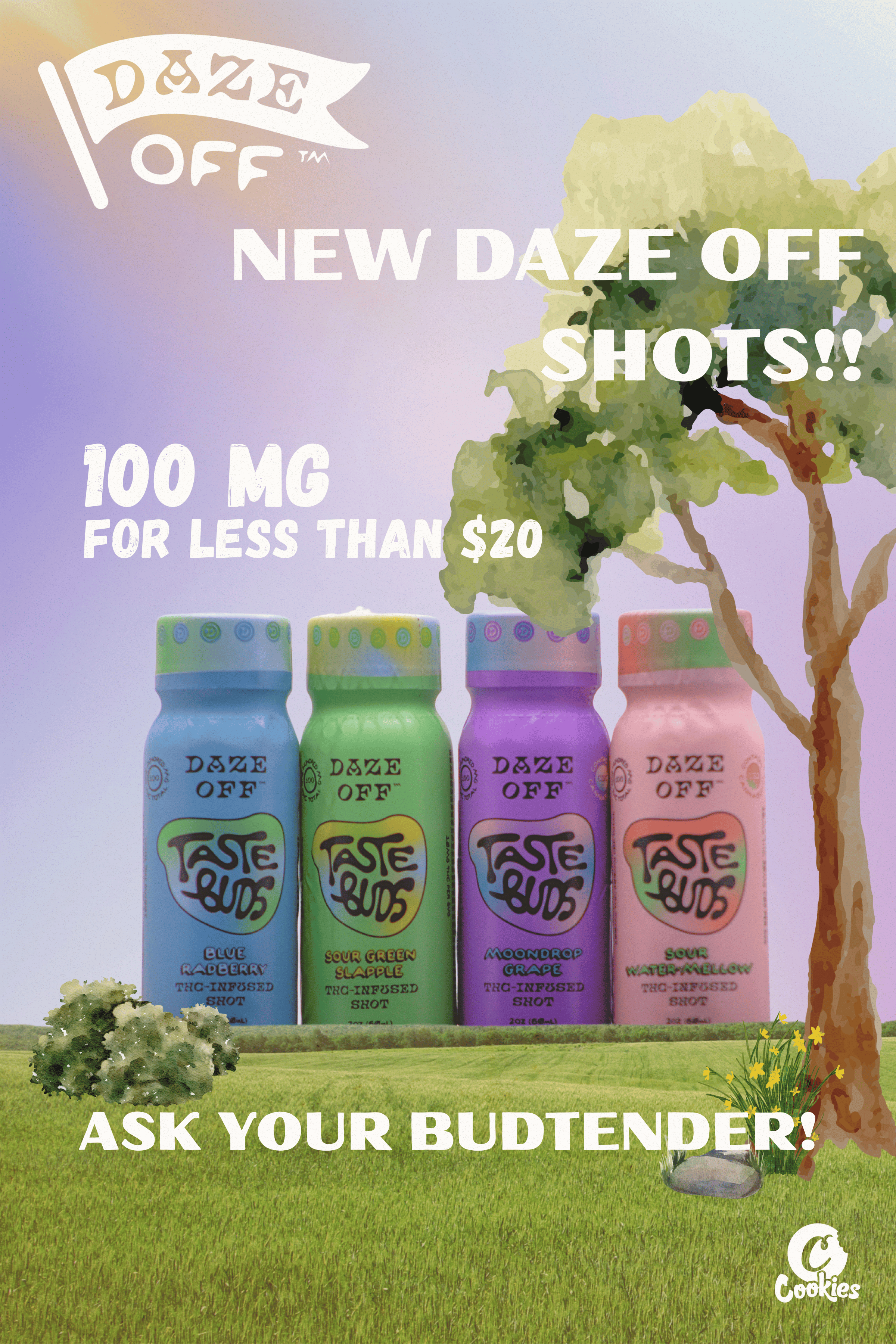 Colorful cans of THC-infused products labeled 'Taste Buds' with flavors like Blue Raspberry, Sour Green Slapple, Moondrop Grape, and Sour Watermelon, are displayed in front of a tree and grassy landscape. The image includes text promoting cannabis products and encourages viewers to ask budtenders for information.