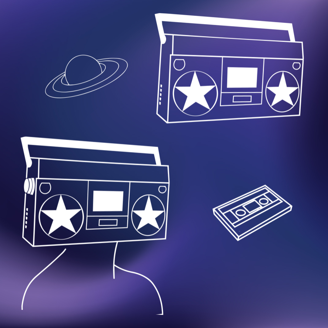 Line art illustration of a person with a boombox as a head, a vintage boombox above, a cassette tape at the bottom right, and a planet with rings in the background, against a purple gradient background.