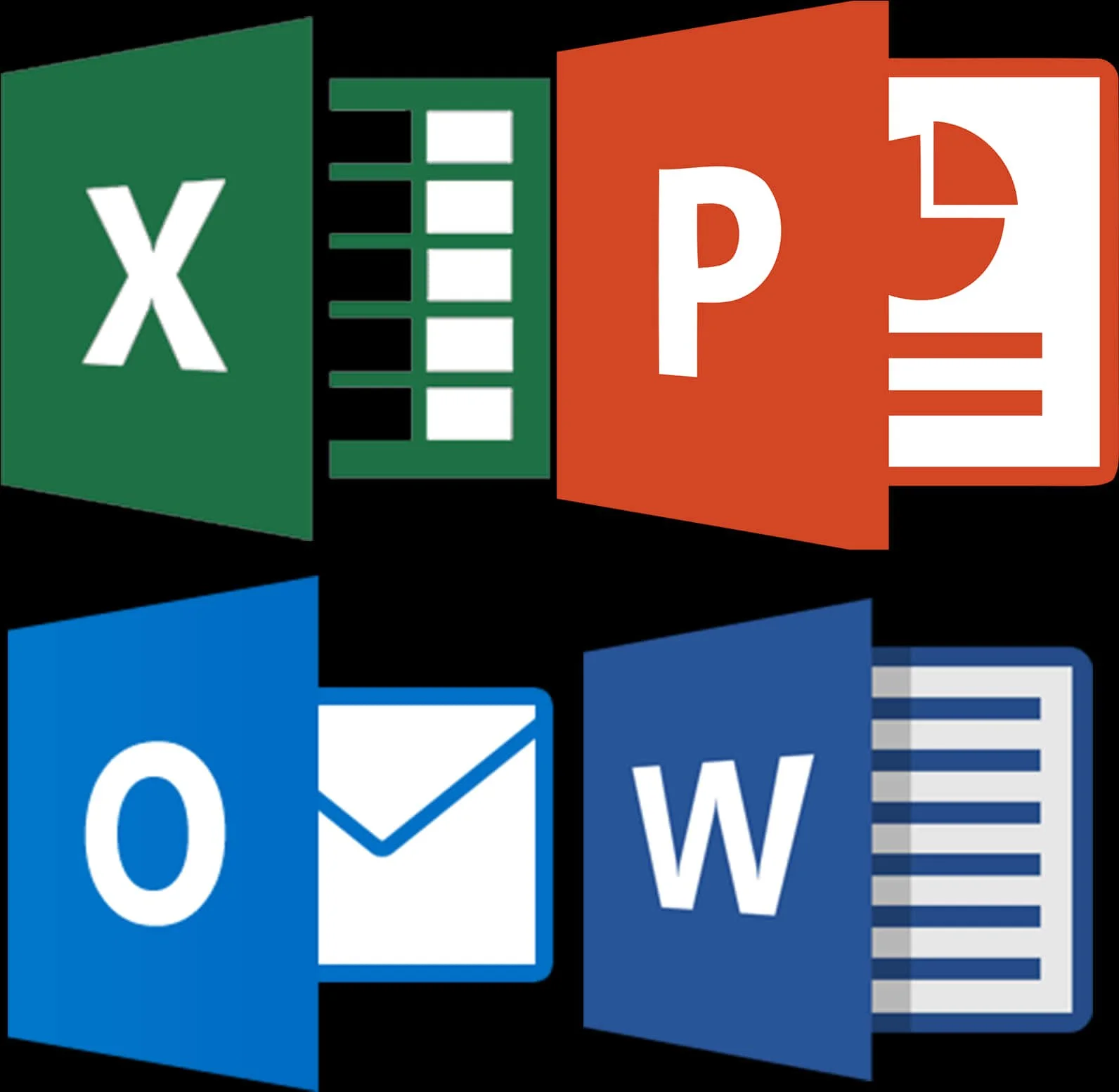 Icons representing Microsoft Excel, PowerPoint, Word, and Outlook applications.
