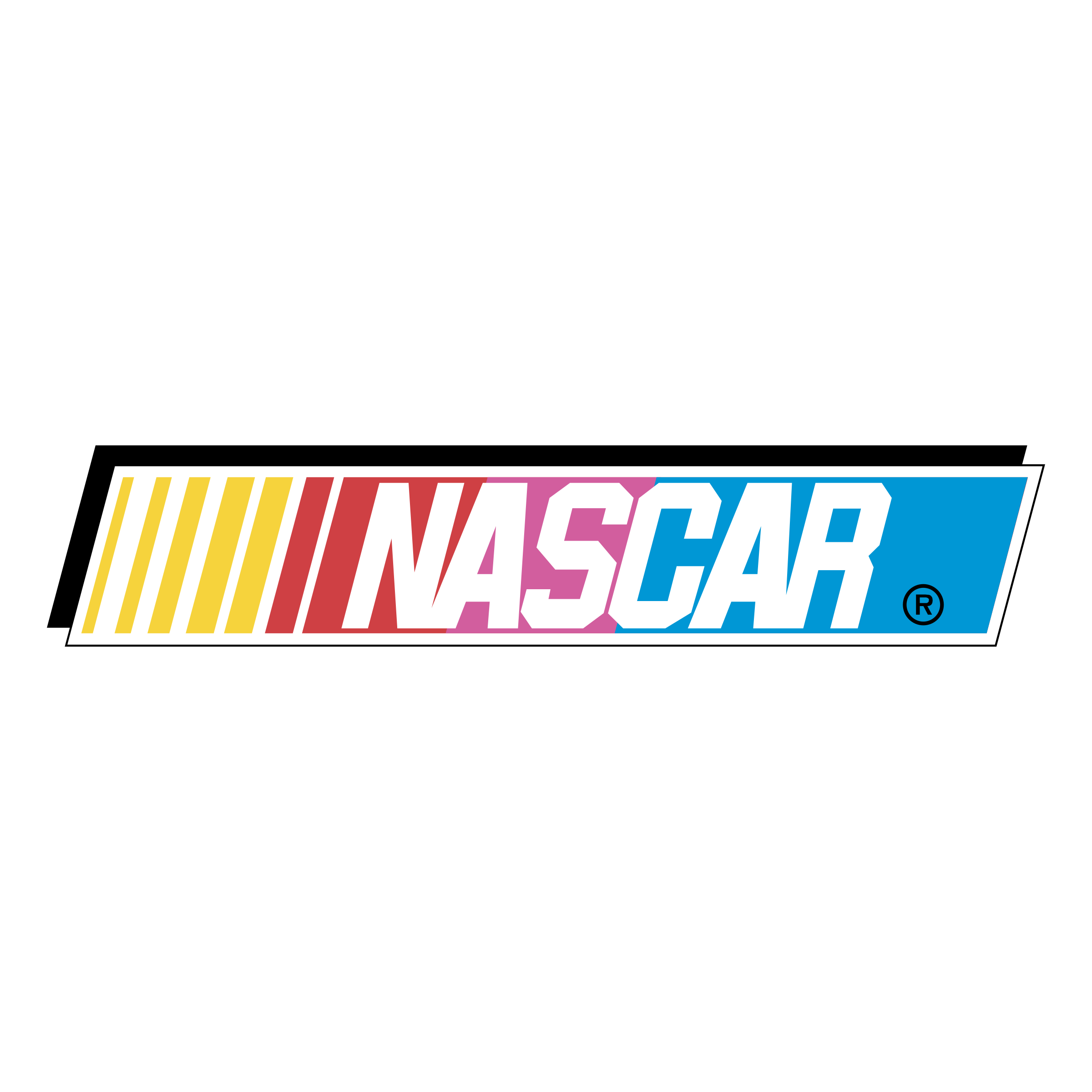 Close-up of a NASCAR logo with colorful vertical stripes on a black background.