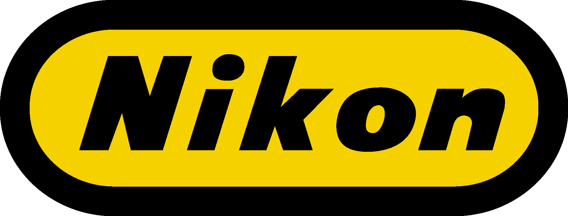 Nikon logo in black text inside a yellow oval.