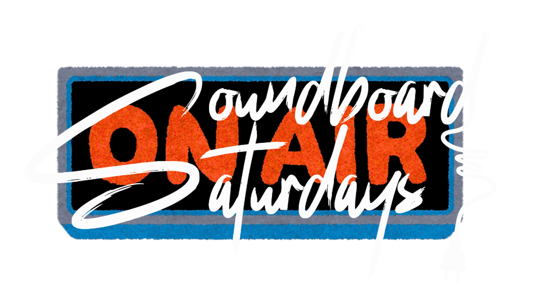A colorful logo with the words 'Boardboard Star Saturdays' with unique fonts and a black, red, white, and blue color scheme.