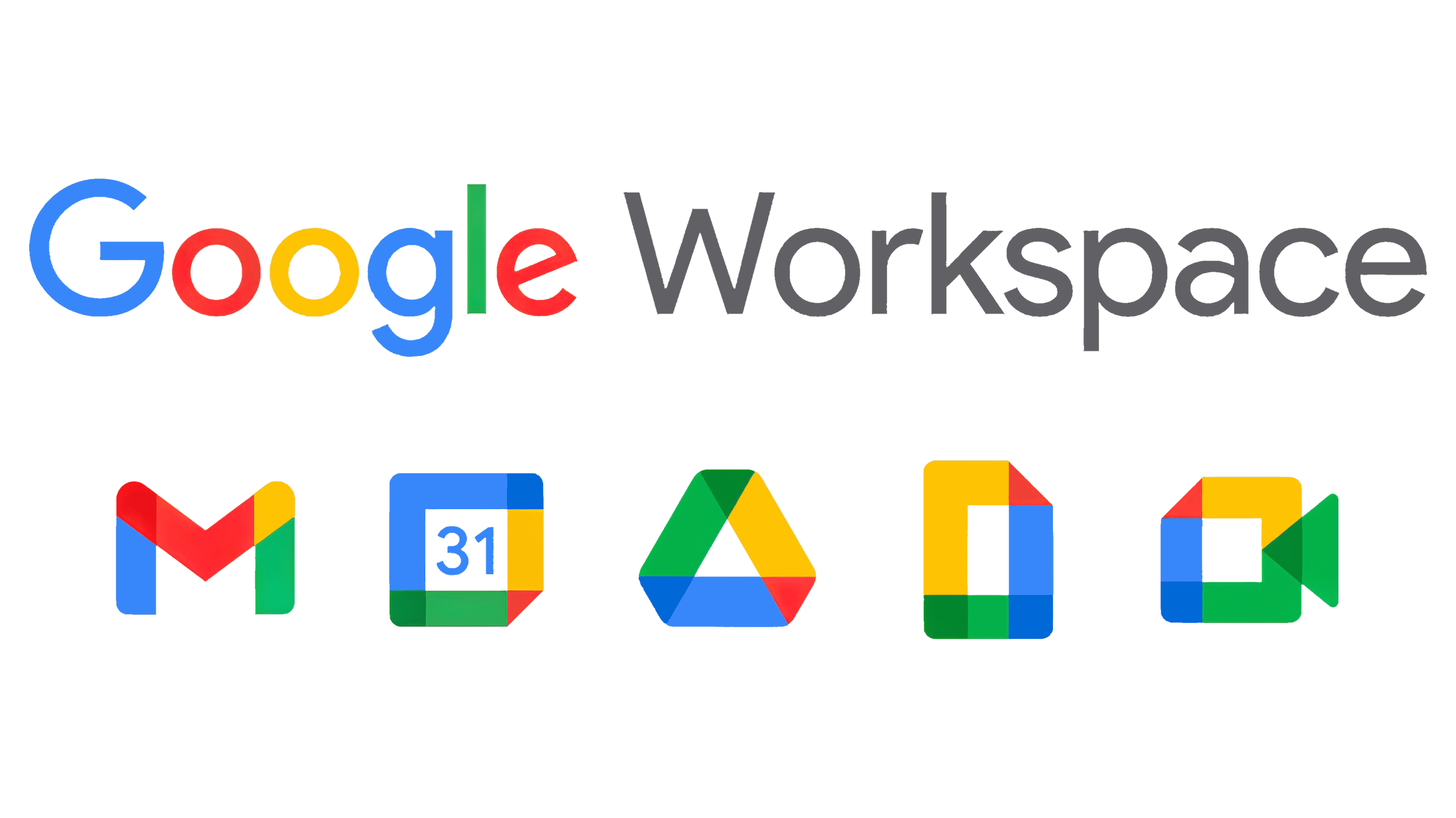 Google Workspace logo with icons of Gmail, Calendar, Drive, and Meet underneath.