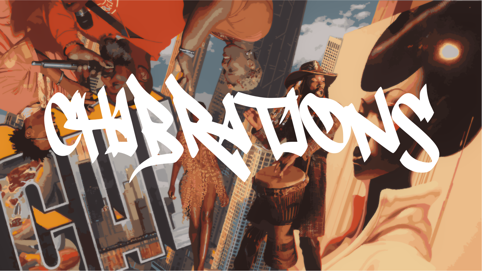 A group of people, some with musical instruments, in front of a cityscape with tall buildings and a cloudy sky during daytime. The image has a graffiti style with the word 'CHARLATANS' prominently written in white across it.