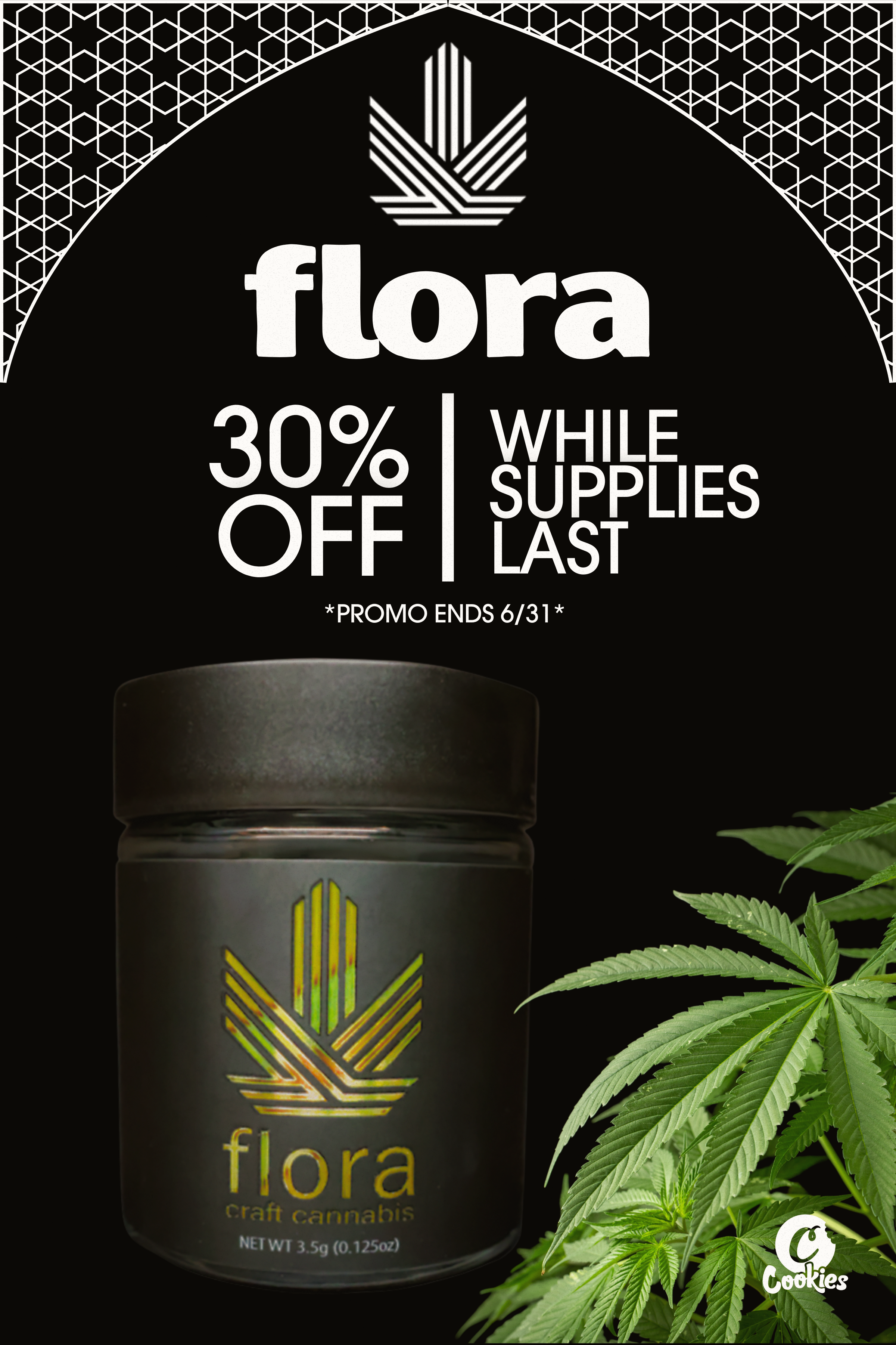 A black container with a colorful cannabis leaf logo and the text 'flora craft cannabis' on it. The background features a decorative geometric pattern and a green cannabis plant in the foreground.