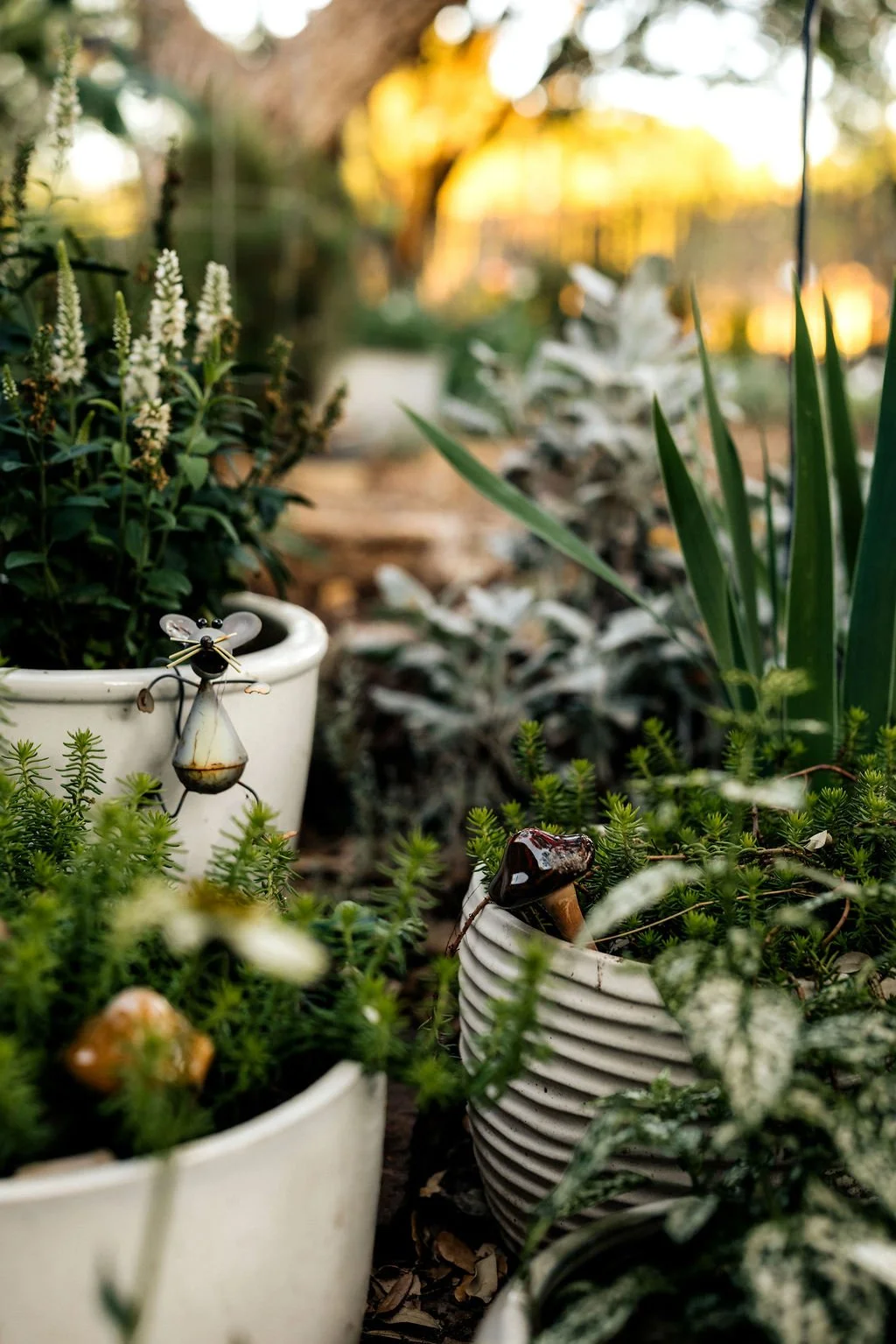 Close-up of potted plants in a garden with a decorative metal girl figurine, small mushroom figurines, and lush greenery, with blurred trees and sunlight in the background.