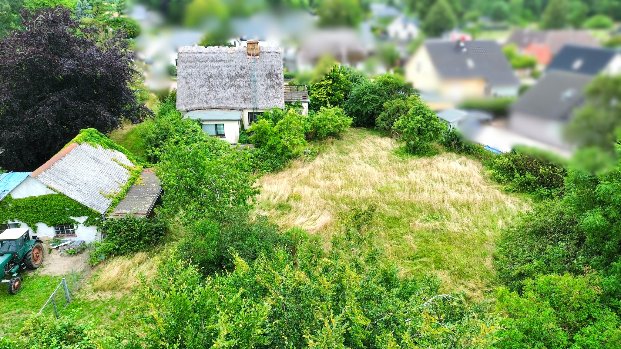Ein Blick auf ein Haus mit einem Strohdach, umgeben von Bäumen und einem Gartengebiet, mit einem abgeernteten Feld im Vordergrund.