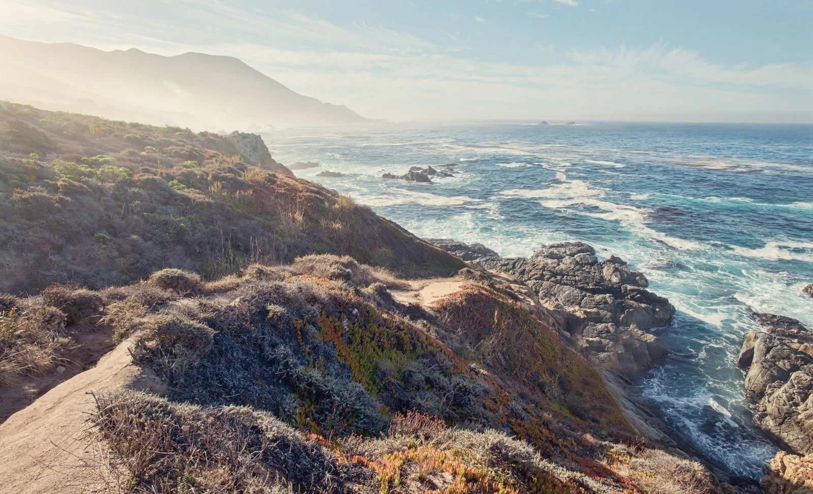 Coastal landscape with rocky shoreline, ocean waves, and hillside covered with coastal plants, with distant mountains and sky in the background.