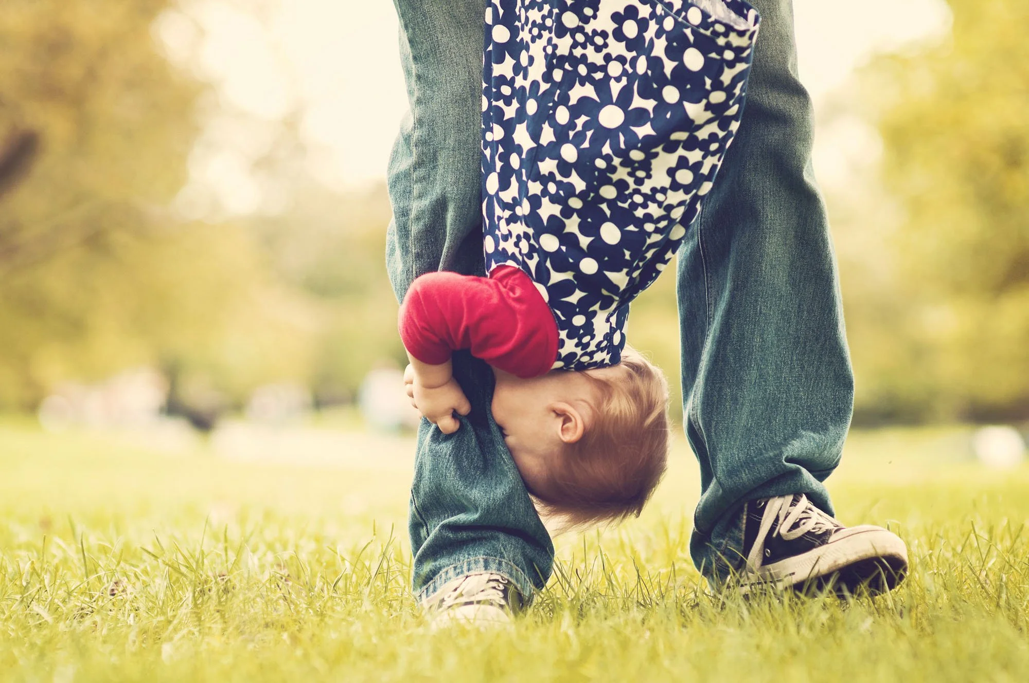 A little girl is held upside down by her father and grabs onto his jeans as they are bathed in golden light in Regent's Park in London