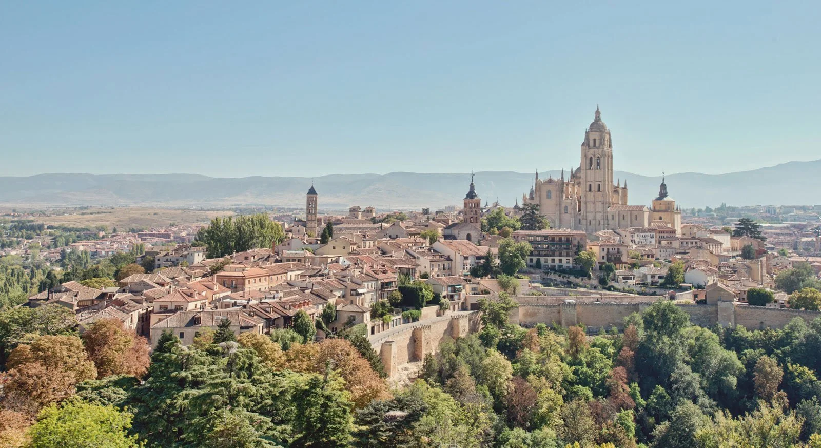 Panoramic view of a historic European city with a large cathedral, surrounded by old buildings and lush green trees, with distant mountains in the background.