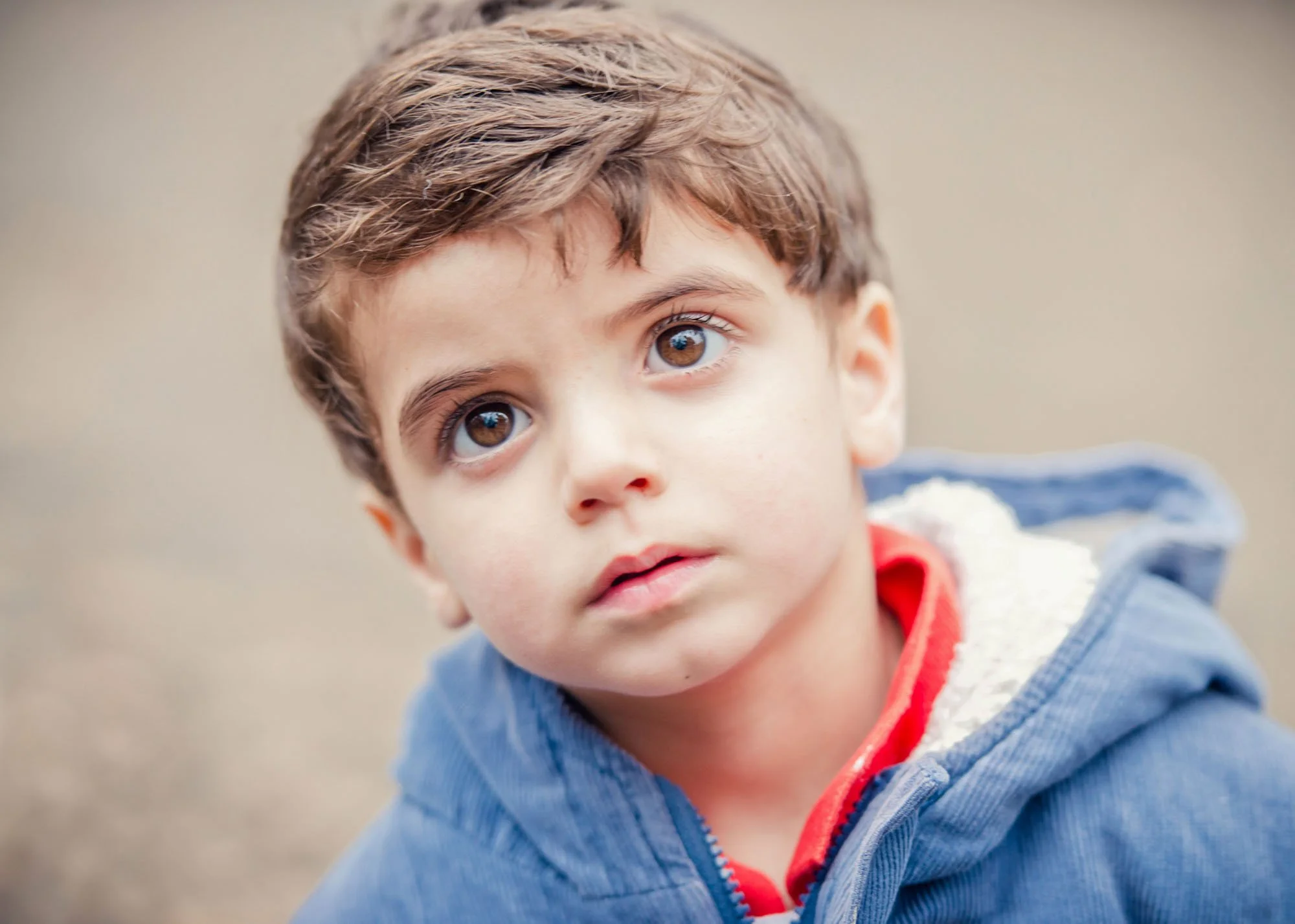 Little boy with large eyes and brown hair gazes upward with a serious expression during a family photoshoot in Cannizaro Park in Wimbledon in south London