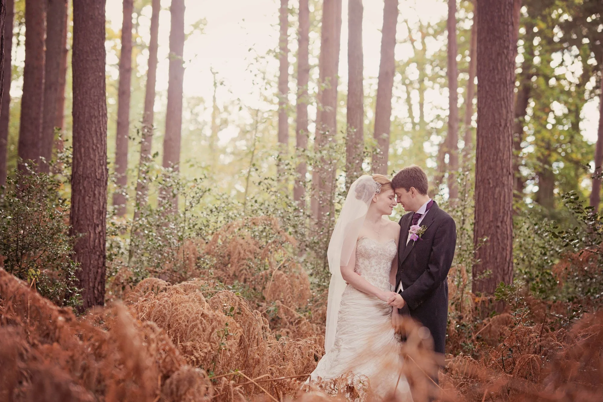 Bride and groom standing in woodland in dappled light after their micro wedding at Macdonald Frimley Hall in Surrey