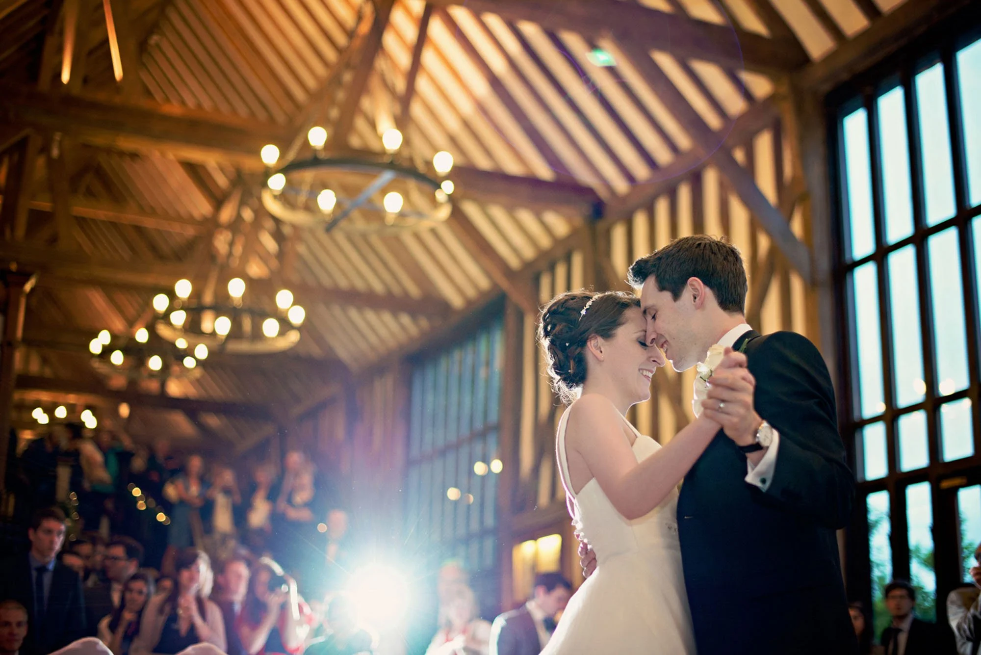 A bride and groom share a romantic first dance at Essendon Country Club near Hatfield in Hertfordshire