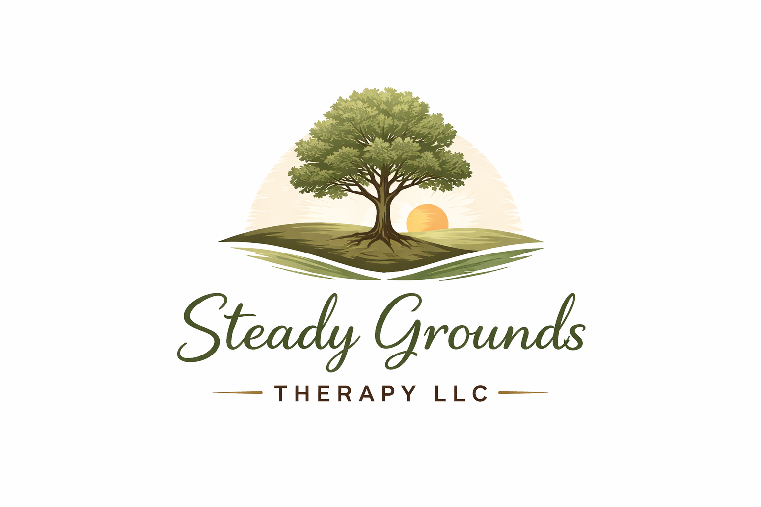 Logo of Steady Grounds Therapy LLC featuring a large green tree on a grassy hill with a sunset in the background, and the text 'Steady Grounds Therapy LLC' beneath.