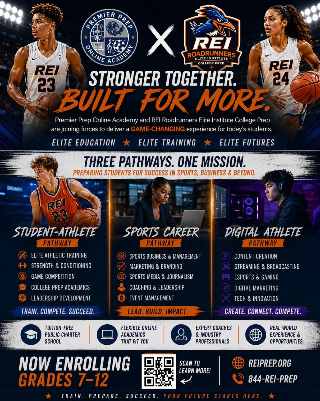 Three pathways. One mission. 💙🧡

REI Prep and Premier Prep Online Academy are joining forces to create a different kind of school experience &mdash; one built for the next generation of athletes, creators, leaders, and innovators.

🏀 Student-Athle