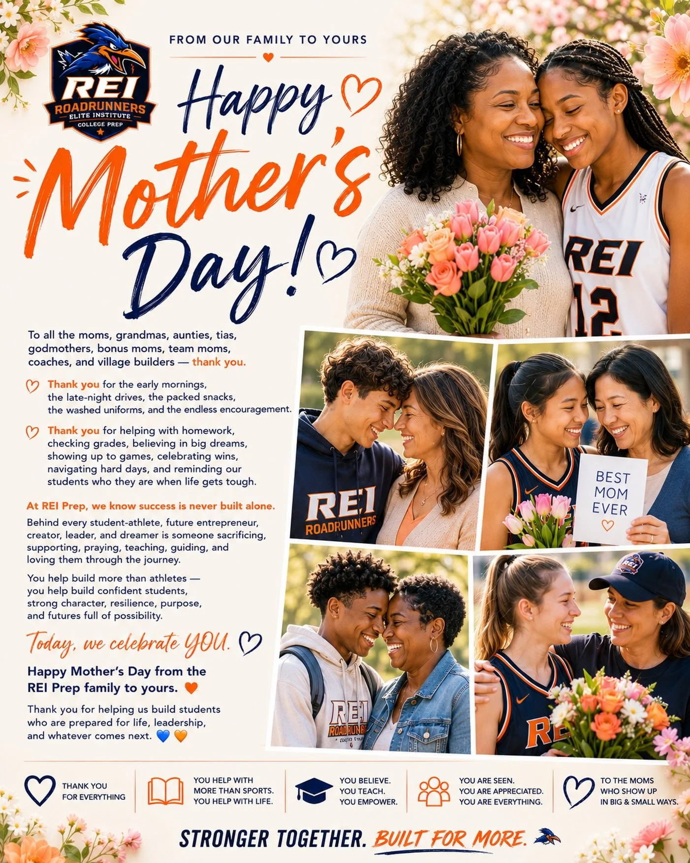 Today, we celebrate the women who make it all possible. 💙🧡

To the moms, grandmas, aunties, tias, godmothers, bonus moms, team moms, coaches, and village builders &mdash; thank you.

Thank you for the early mornings, the late-night drives, the pack