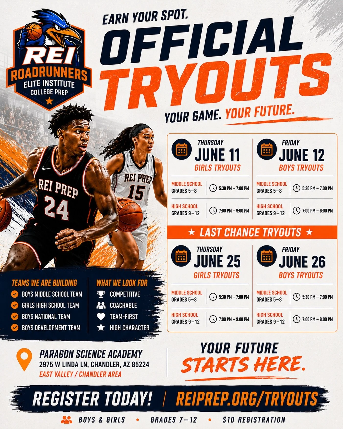 🚨 TRYOUT DATES UPDATED! 🚨

REI Prep is looking for student-athletes who are ready to compete, grow, and be part of something special.

🏀 BOYS &amp; GIRLS | Grades 7&ndash;12

📅 Tryout Dates:
✅ Girls Tryouts &ndash; June 11
✅ Boys Tryouts &ndash; 