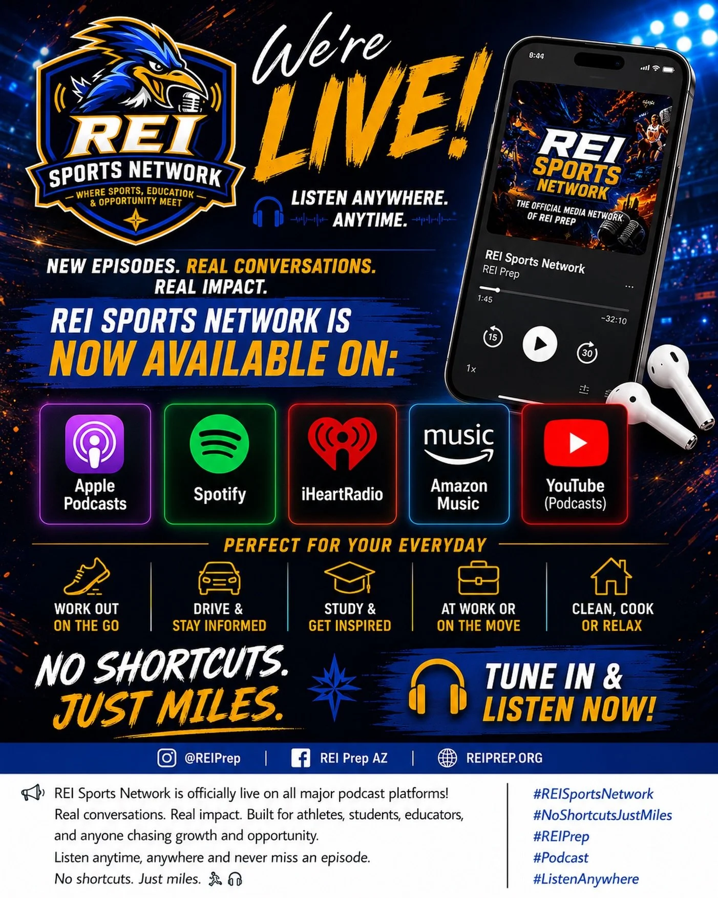🚨 WE&rsquo;RE OFFICIALLY LIVE! 🎙️🔥

The REI Sports Network Podcast is now streaming wherever you listen to podcasts!

🎧 Listen on:
🍎 Apple Podcasts
🟢 Spotify
❤️ iHeartRadio
🎵 Amazon Music
▶️ YouTube Podcasts

Now you can take REI Sports Networ
