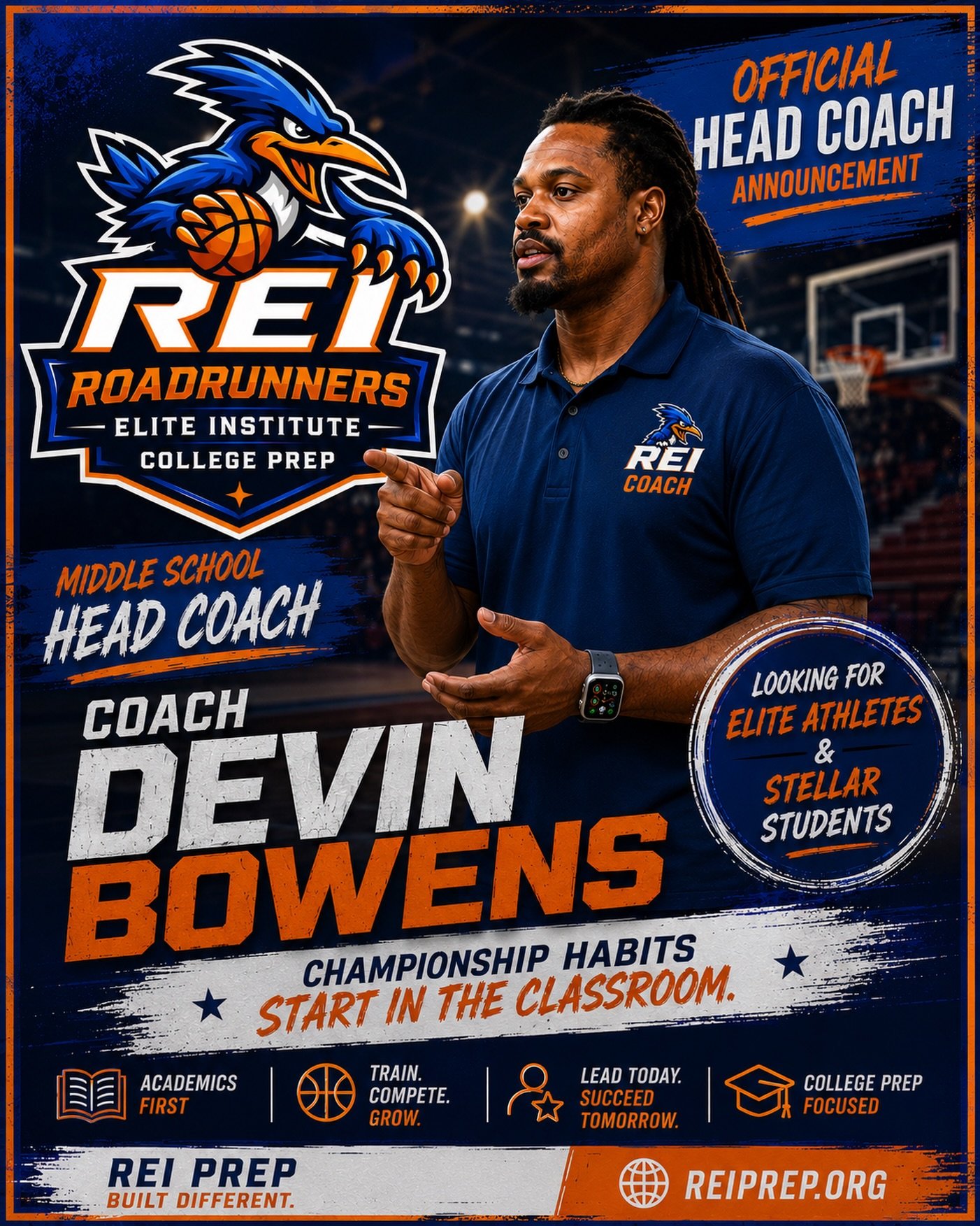 🚨 OFFICIAL COACH ANNOUNCEMENT 🚨

Please join us in welcoming Coach Devin Bowens as the Head Coach of our REI Prep Middle School Basketball Program! 🏀🛣️

Coach Bowens is passionate about building more than great basketball players&mdash;he&rsquo;s